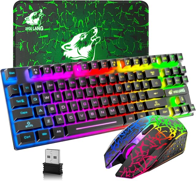 Wireless Keyboard Mouse Combo, Rainbow Backlit 2.4G Rechargeable 3800mAh Battery 87 Keys Gaming Keyboard + 2400DPI 6 Buttons Optical LED Gaming Wireless Mouse + Mouse Pad, for PC Mac, Game, Black