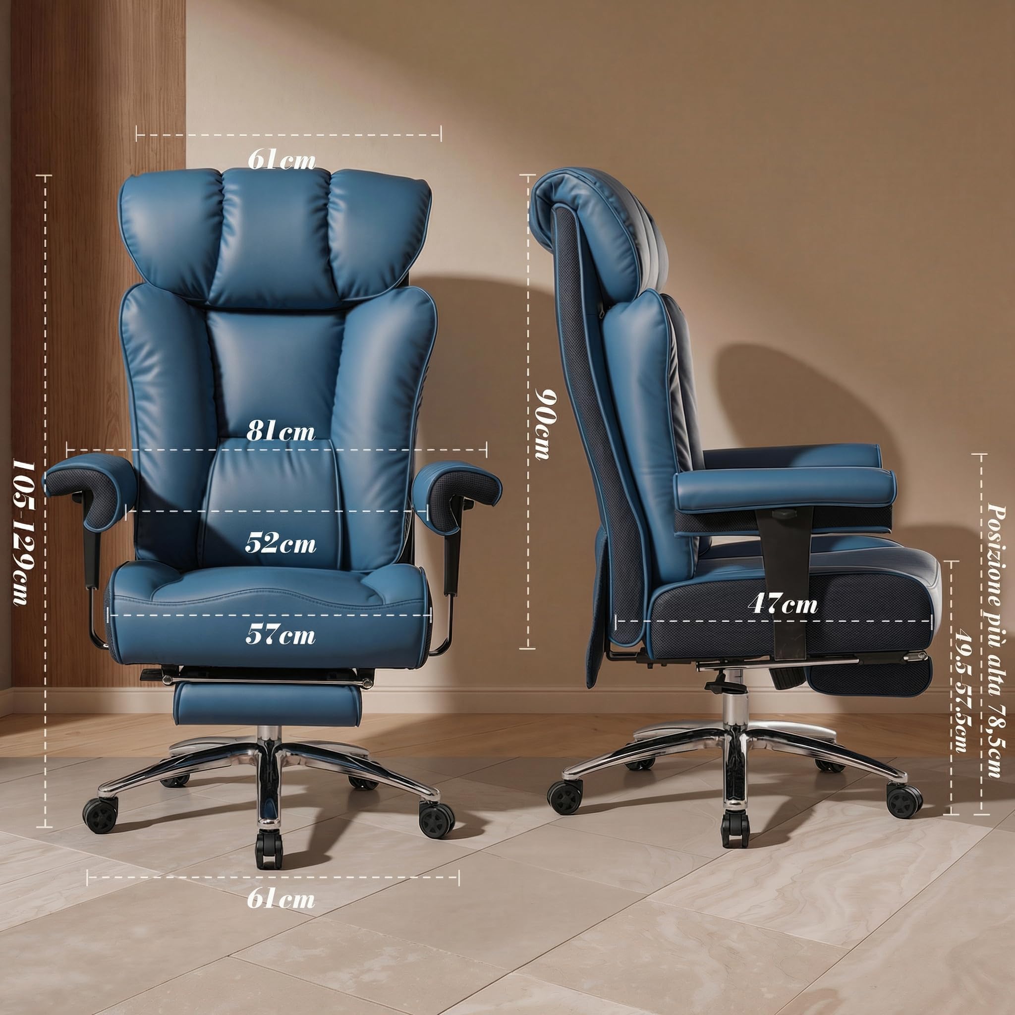 Efomao Sedia da Ufficio Ergonomica, Poltrona Direzionale in Ecopelle PU con Poggiapiedi Estraibile, Sedia da Scrivania Reclinabile con Imbottitura Spessa, Supporto Lombare, Portata 200kg (blu)