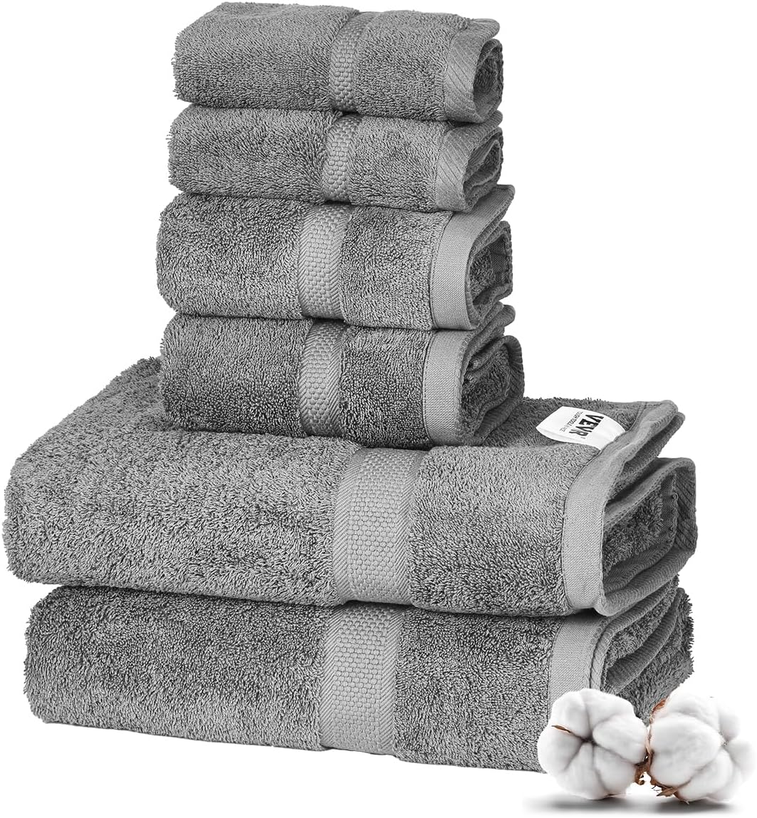 VEVOR 6-Piece Towel Set, 600 GSM 100% Cotton Towels for Bathroom, 2 Bath Towels, 2 Hand Towels and 2 Washcloths, Highly Absorbent & Quick Drying Bathroom Towels for Bathroom, Gym, Hotel, and Spa