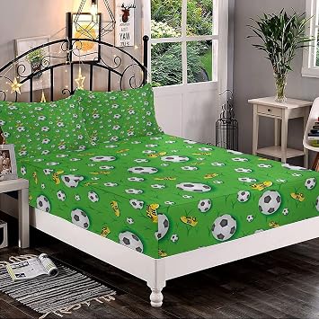 XISUNYA Decorative Bedding Sheet Set Queen Size, Soccer Deep Pockets Fitted Sheet & 2 Pillow Sham Set, Professional Player Athletics Football Shoes Balls on Grass Print Microfiber 3pc Bed Sheets Set