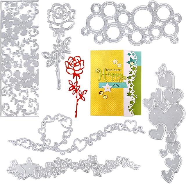 6Pcs Metal Cutting Dies Love Heart Star Bubble Lace Cutting Dies Rose Flower Molds Embossing Stencil Punching Template for Card Making Scrapbooking Album Paper Card DIY Crafts Gift Decor