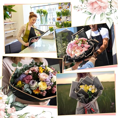 Miniatura 7 de Hoemwarm 100 hojas de papel de regalo de flores negras con borde dorado, suministros de ramo de flores de 23 pulgadas, suministros impermeables, 4