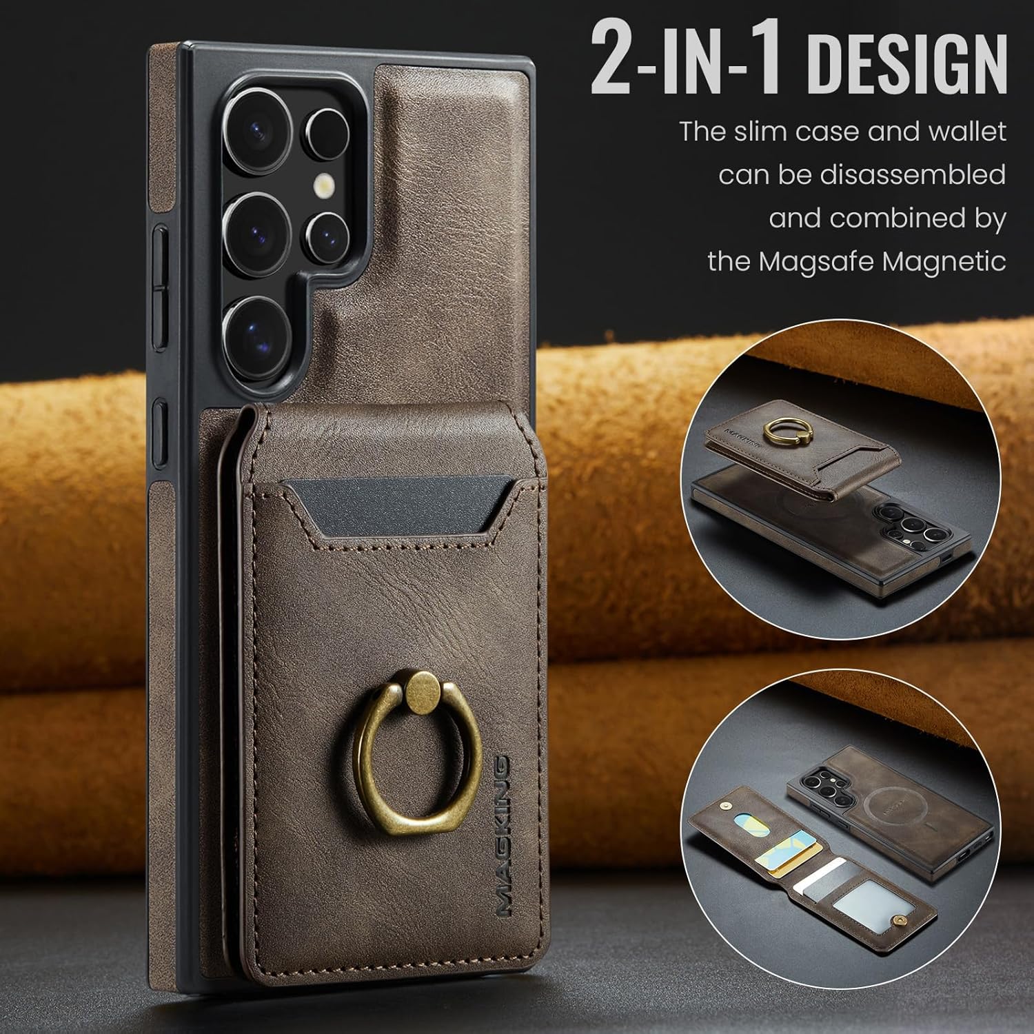 for Samsung Galaxy S23 Ultra 2 in 1 Detachable Card Bag Wallet Case Durable Leather Wallets Magnetic Card Holder 4 Card Slots Ring Stand RFID Blocking Coffee - Image 2