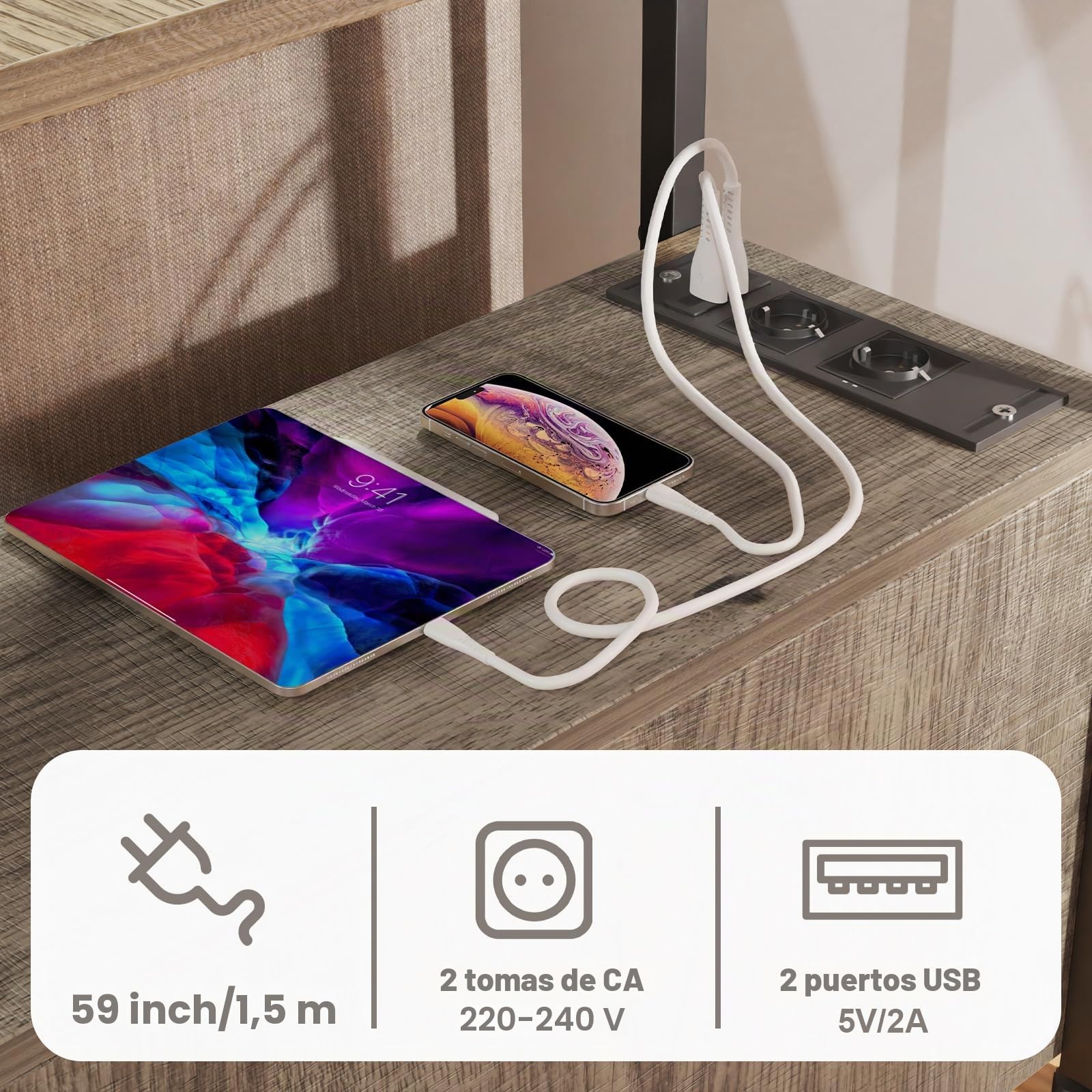 Mesita de Noche con Enchufe, Mesa Auxiliar con 2 cajón, Dormitorio Estrecha Mesitas de Noche, Organizador para Dormitorio, Sala de Estar Gris