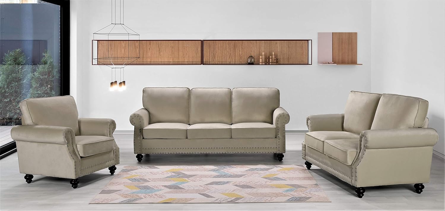 Lotus Mid Century Modern Velvet Upholstered Living Room Rolled Arms, Chair, Loveseat and Sofa, Ivory