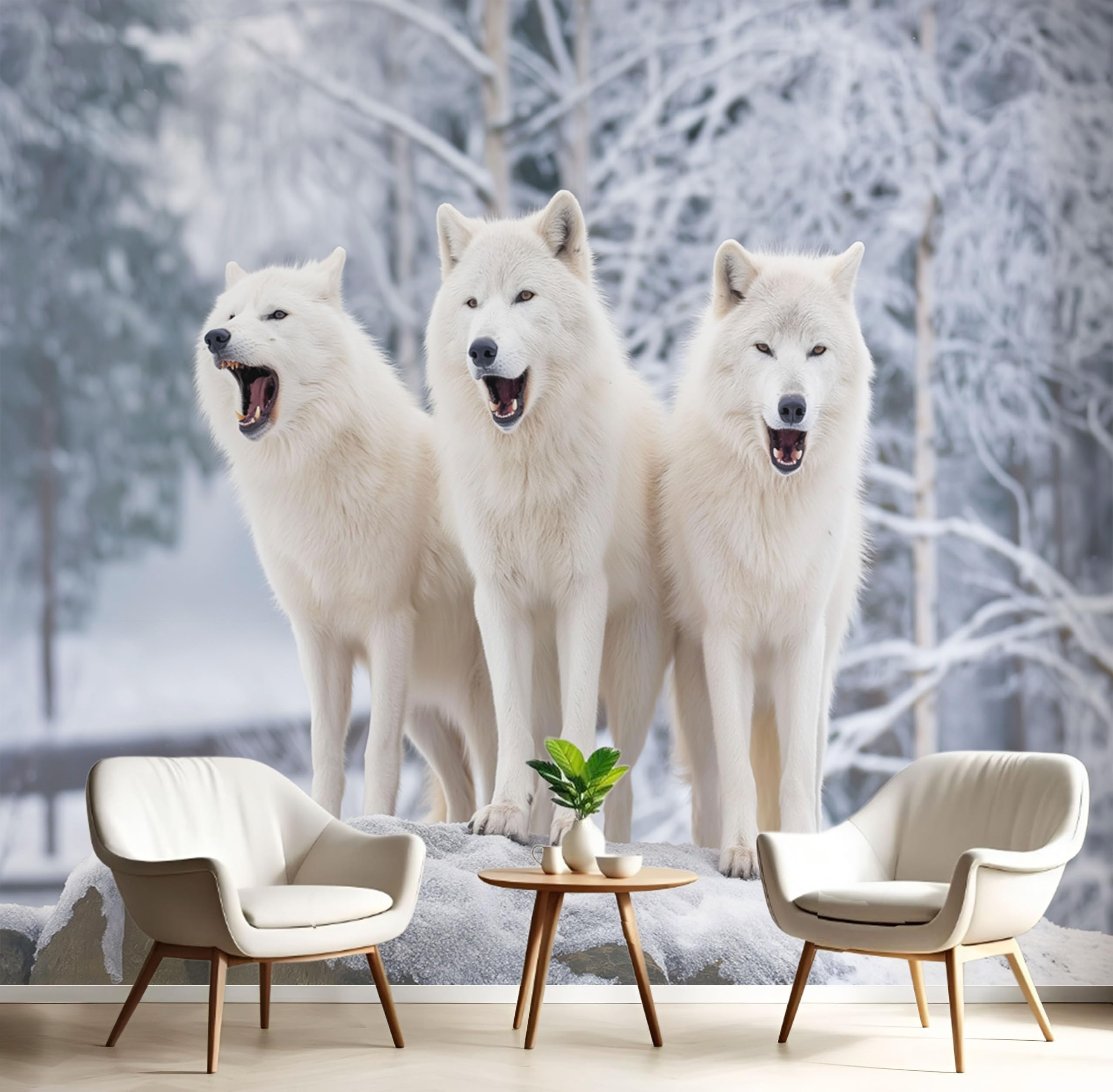 Papier peint panoramique loup pour transformer un mur blanc en forêt hivernale