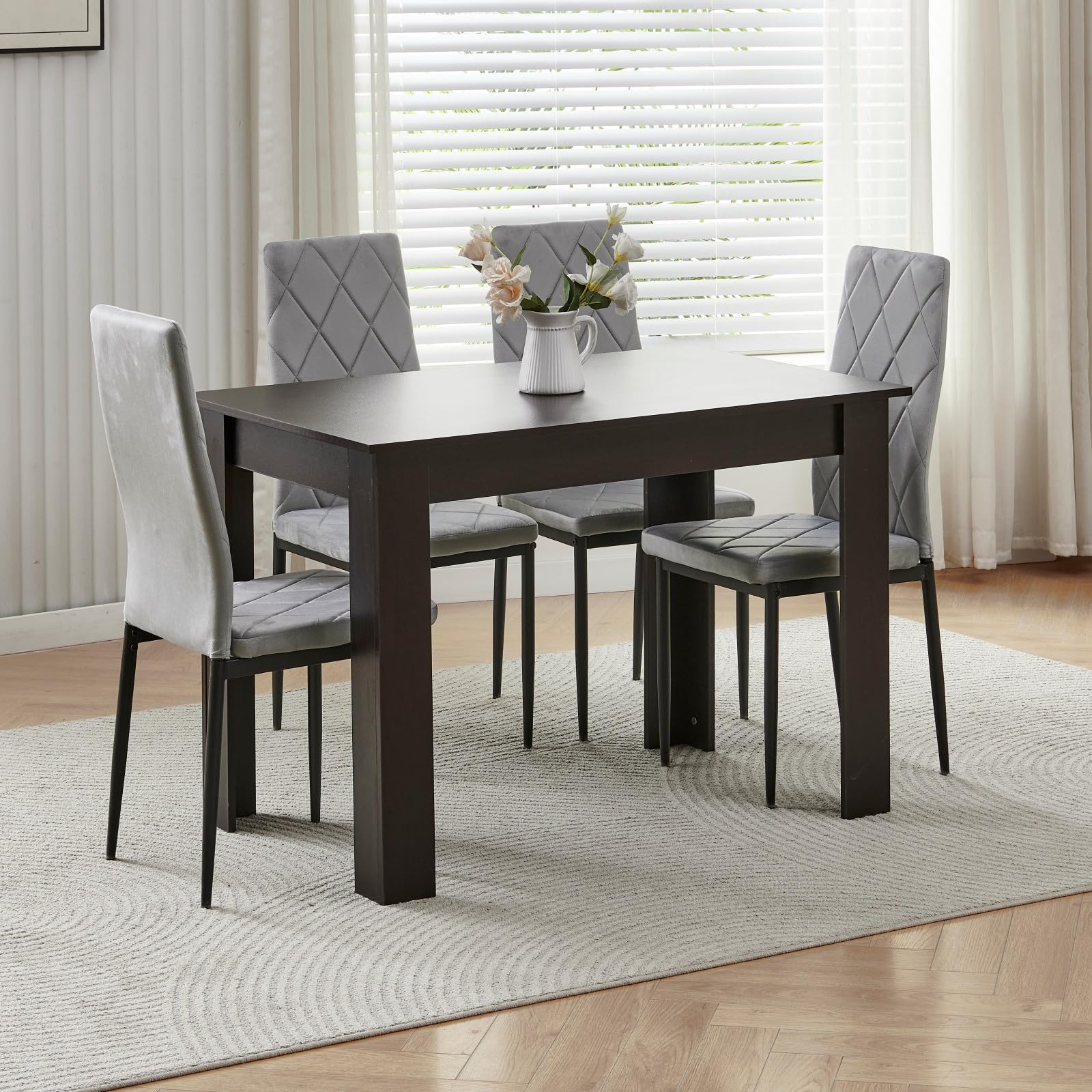 Homullel 110cm Dining Table and 4 Chairs, 4 Seater Kitchen Table and Chairs Set for Space Saving, Dining Room Set for 4, Black (4 Seaters, Flannel Gray #2)