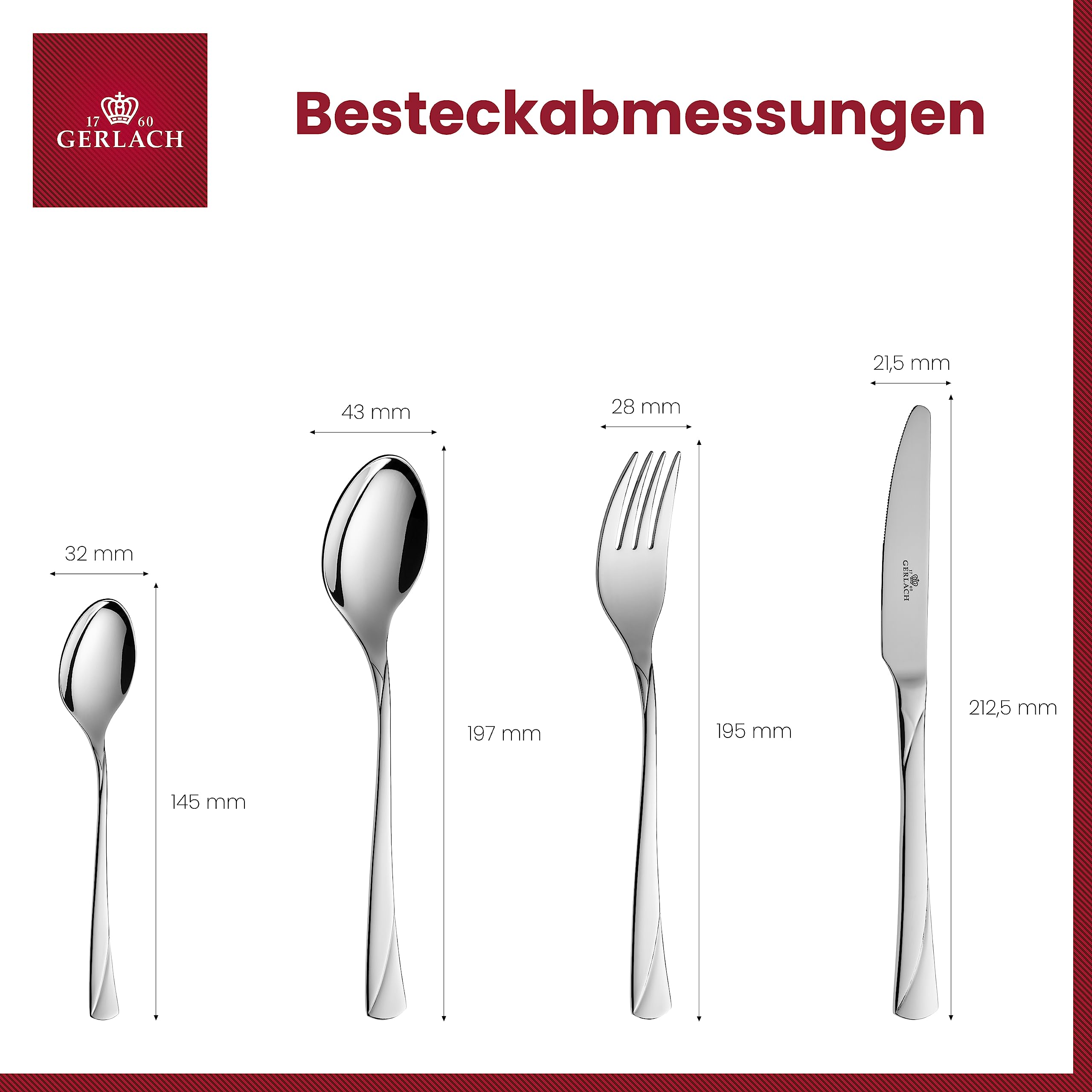 Gerlach Valor Besteck-Set im Koffer 12 Personen Spülmaschinenfest Essbesteck Edelstahl Tafelbesteck Messer Gabel Löffel Teelöffel Kuchengabel Soßenlöffel Kuchenspachtel Gläzend Rostfrei 68 Stk, 52 x 42 x 10 cm