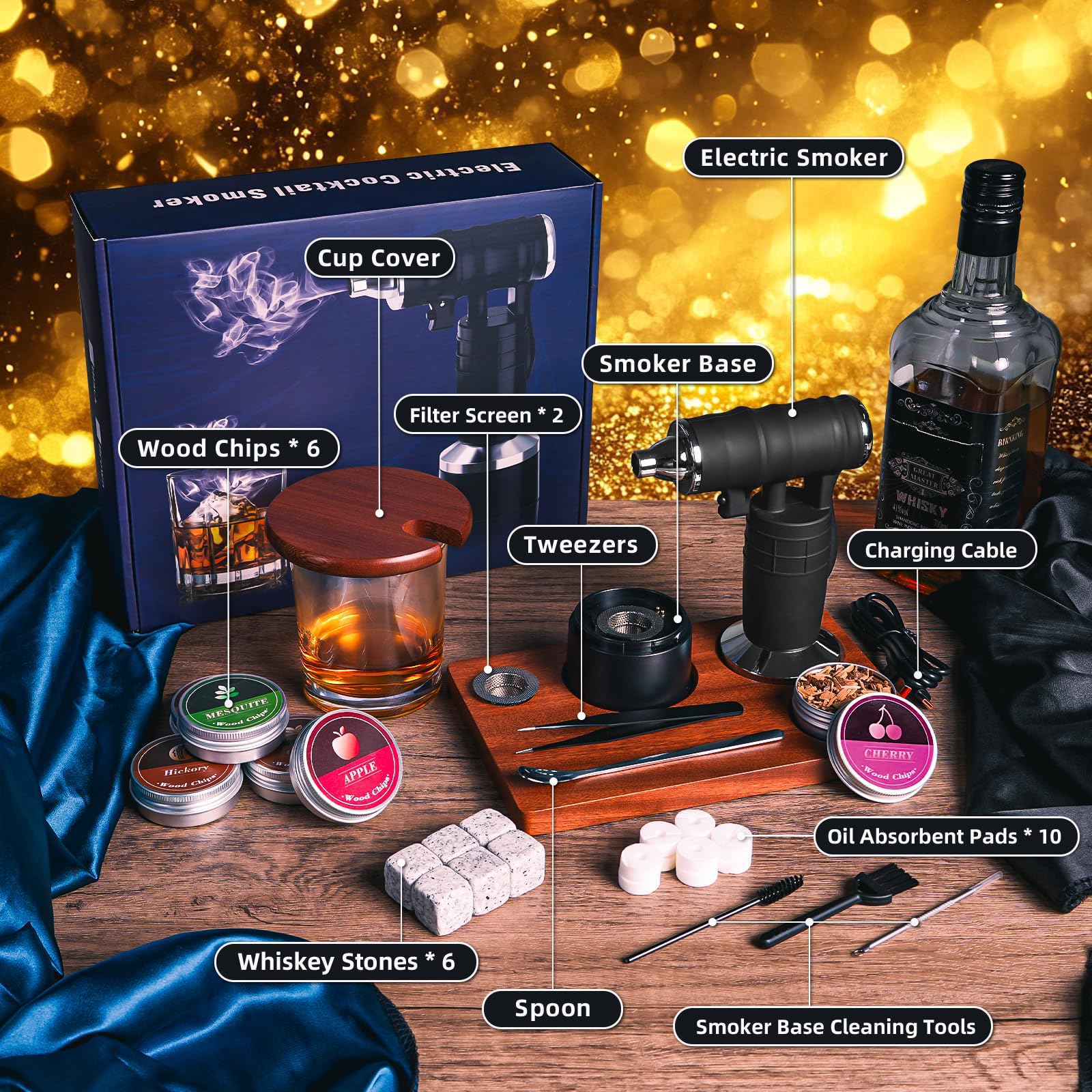 Whiskey Smoker Electric Set Bourbon Gifts for Men Old Fashioned Smoker Drink With 6 Wood Chips and 6 Whiskey Stones. Food and Cocktail Smoked, Kitchen Bar Tools Cool Christmas Father's Day Gift Black