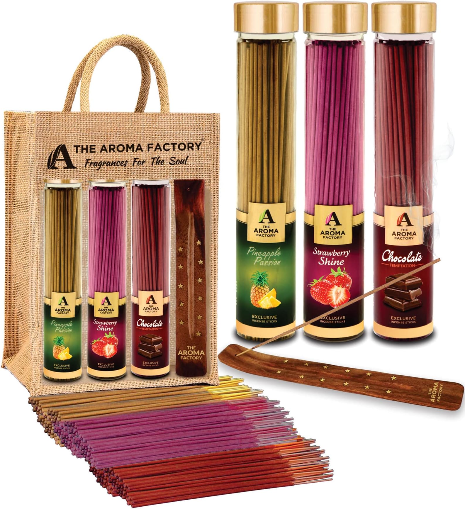 The Aroma Factory Organic Incense Sticks (Pineapple, Strawberry, Chocolate) No Charcoal | Non Toxic | Aromatic Fruit Fragrance | Herbal Agarbatti, 3x100g sticks Jute Gift Set with Wooden Holder