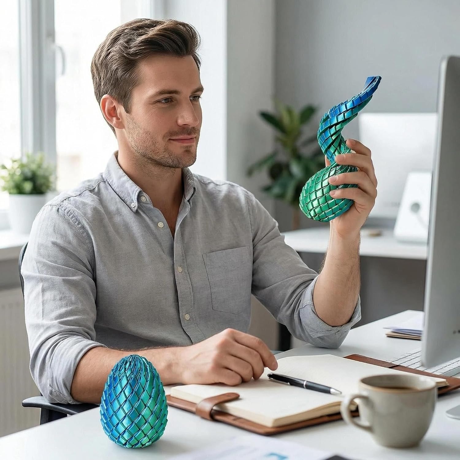 3D Printed Twisty Fidget Egg Set, Laser Purple & Blue Green Stress Relief Desk Toy, Portable Spiral Fidget for Adults & Teens, Calming Focus Fidget Toy