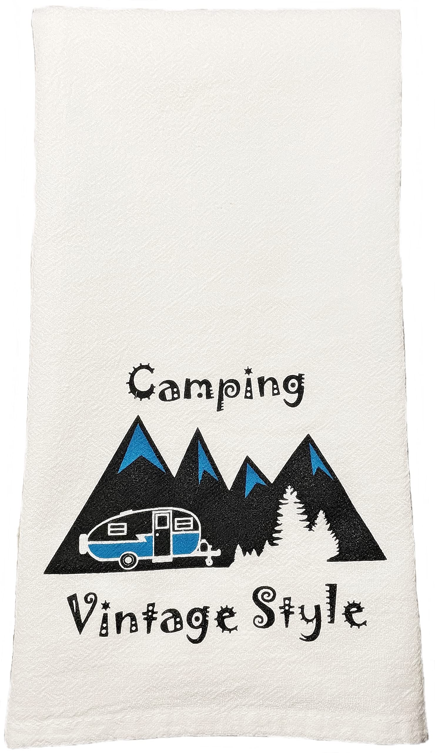 JTECCamping Dish Towels, Camper RV Dish Towel, Camping Dish Cloth. Vintage Camper Decor - Camper Accessories- Kitchen Towel Linen with Funny Sayings RV- Mountains Camping Vintage Style (Blue)