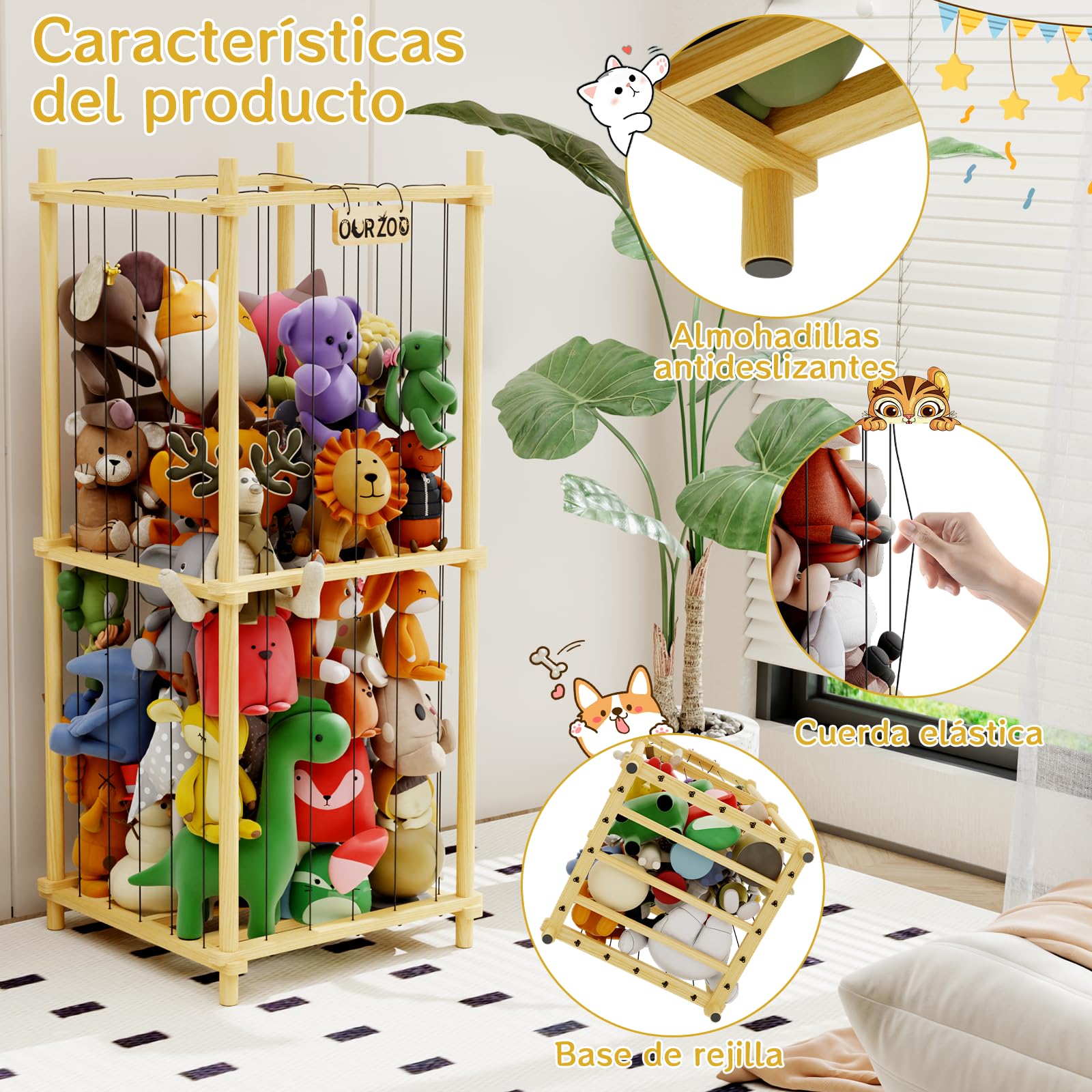Organizador Peluches Madera, Almacenaje Guardar Juguetes Estanteria Infantil Montessori, Mueble Juguetes Organizador Peluche Animales para Sala de Juegos, Dormitorio, Habitación de Los Niños