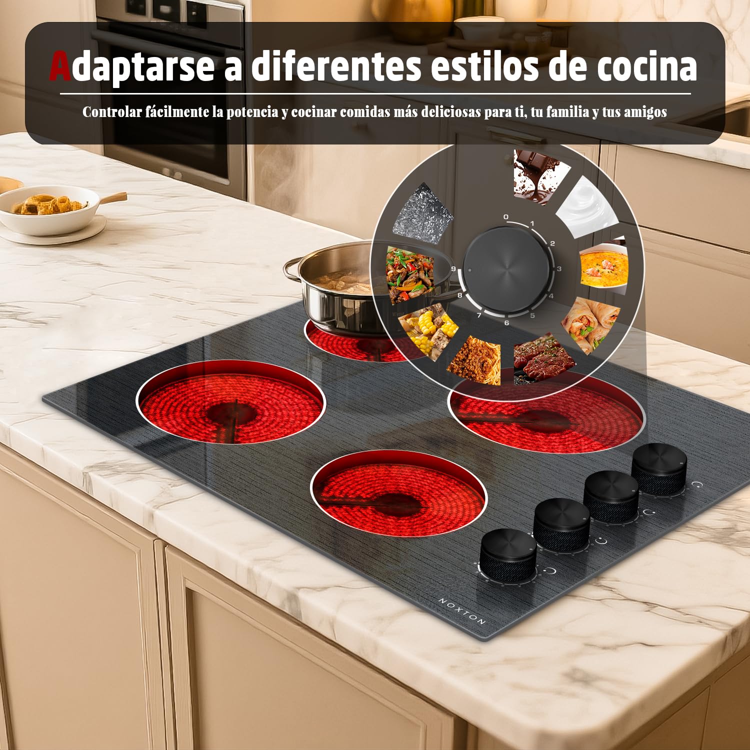NOXTON Placa Vitrocerámica 4 Fuegos, Encastrable, Mandos Giratorios