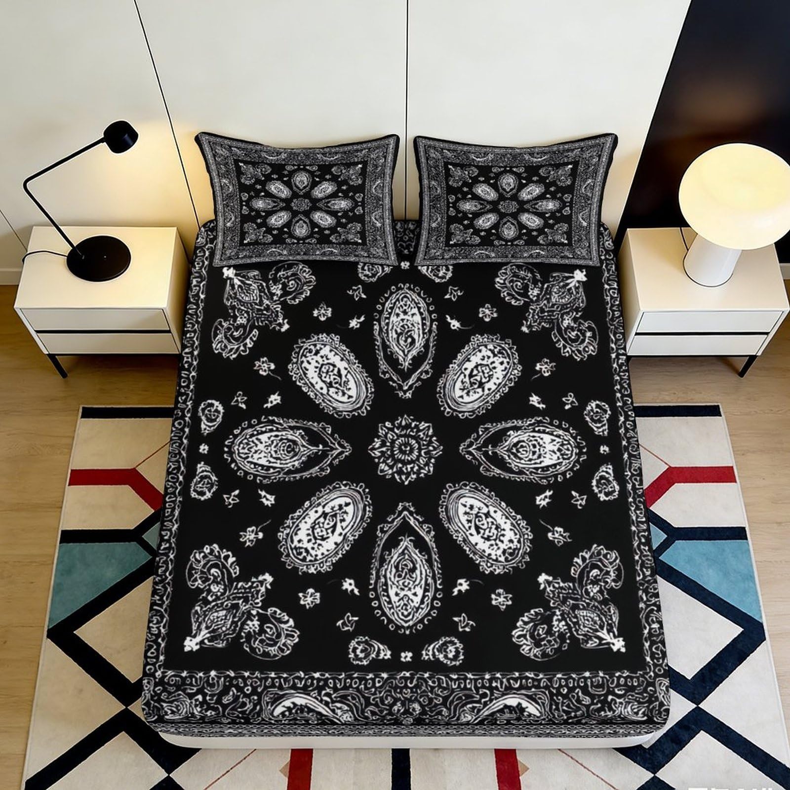 3D Printed Paisley Mandala Fitted Sheet Microfiber Soft Black White Bed Cover for Bedroom Guest Room Decor Easy Care 90x200x25cm