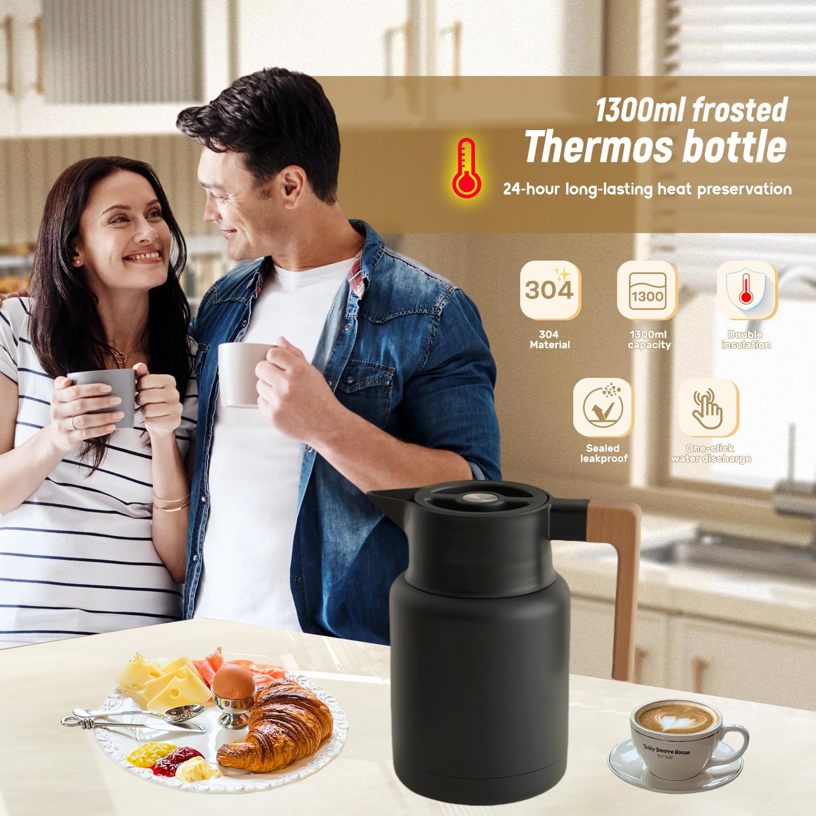 Pichet Isotherme, Thermos Sous Vide Isolé, Carafe À Café Thermique En Acier Inoxydable, Manche En Bois, Pour Le Café Au Thé Chaud Et Froid, Cuisine, Bureau, Hôtel (Noir,1300ml)