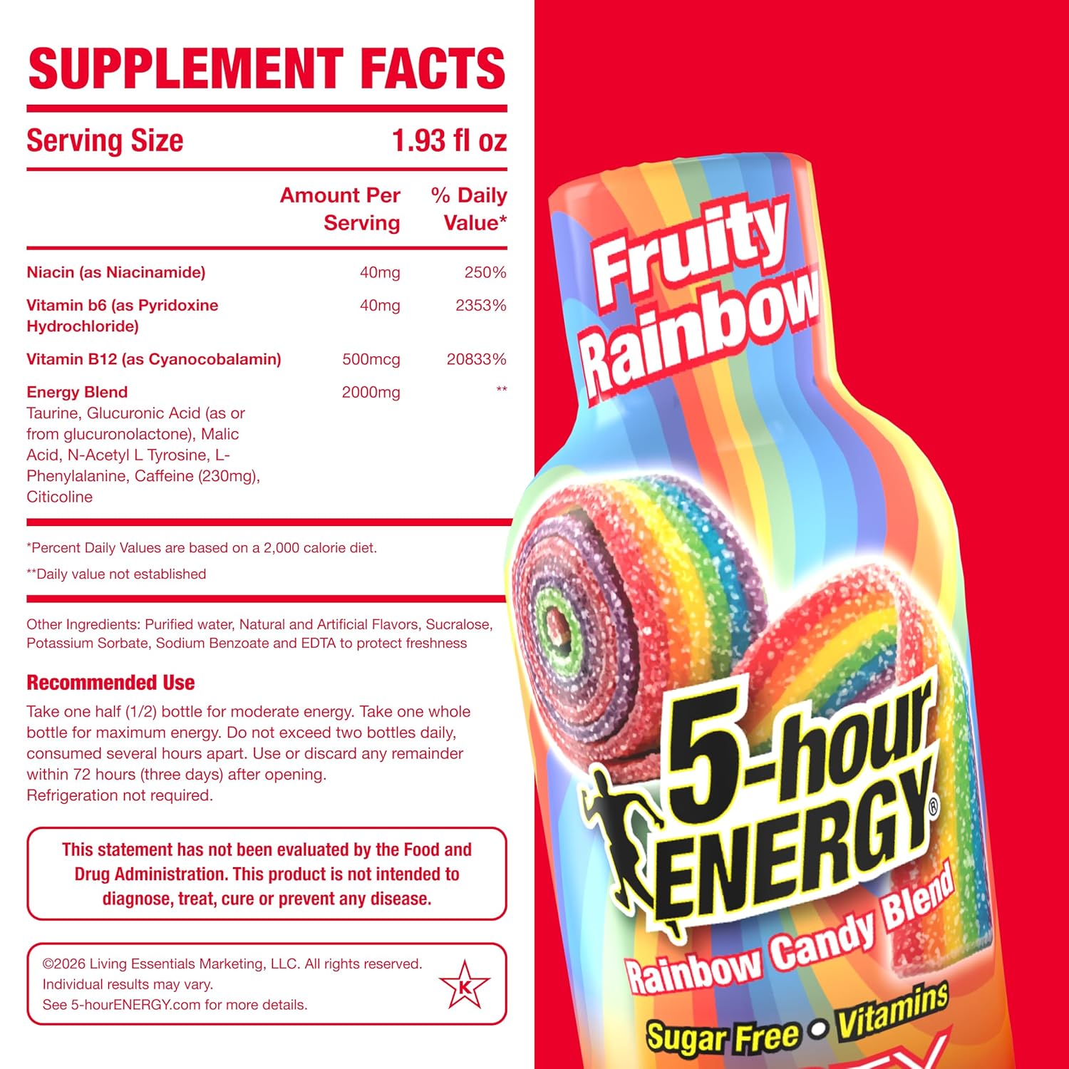 5-hour ENERGY FRUITY RAINBOW Flavor, 24 Count, 1.93 Fl Oz Energy Shot, Extra Strength, Amino Acids, B Vitamins, Sugar Free and Zero Calories