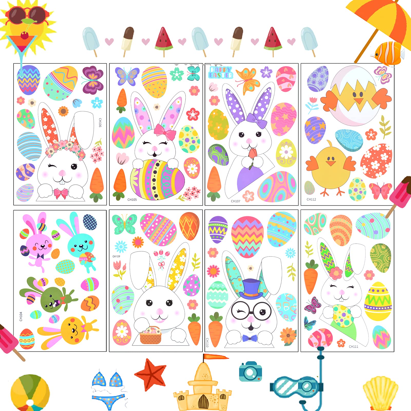 Easter Decorations Window Clings,Easter Decor Bunny Eggs Butterfly Decals Stickers for Kids for Glass Windows Refrigerators,Holiday Ornaments for Home Party Decorations Supplies-11Sheets