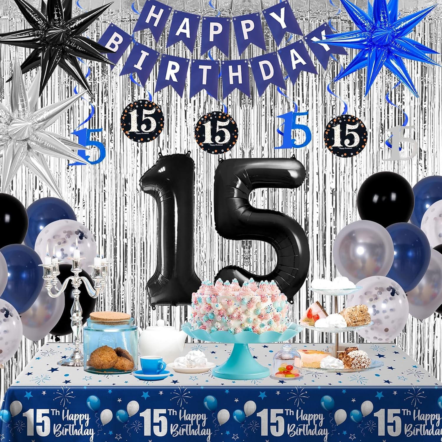 15th Birthday Decorations for Boys and Girls Dark Blue, HAPPY BIRTHDAY Banner Black Number 15 Balloons Tablecloth Foil Backdrop Star Balloons Garland Arch Kit-15 Years Old Birthday Party Supplies - Image 3