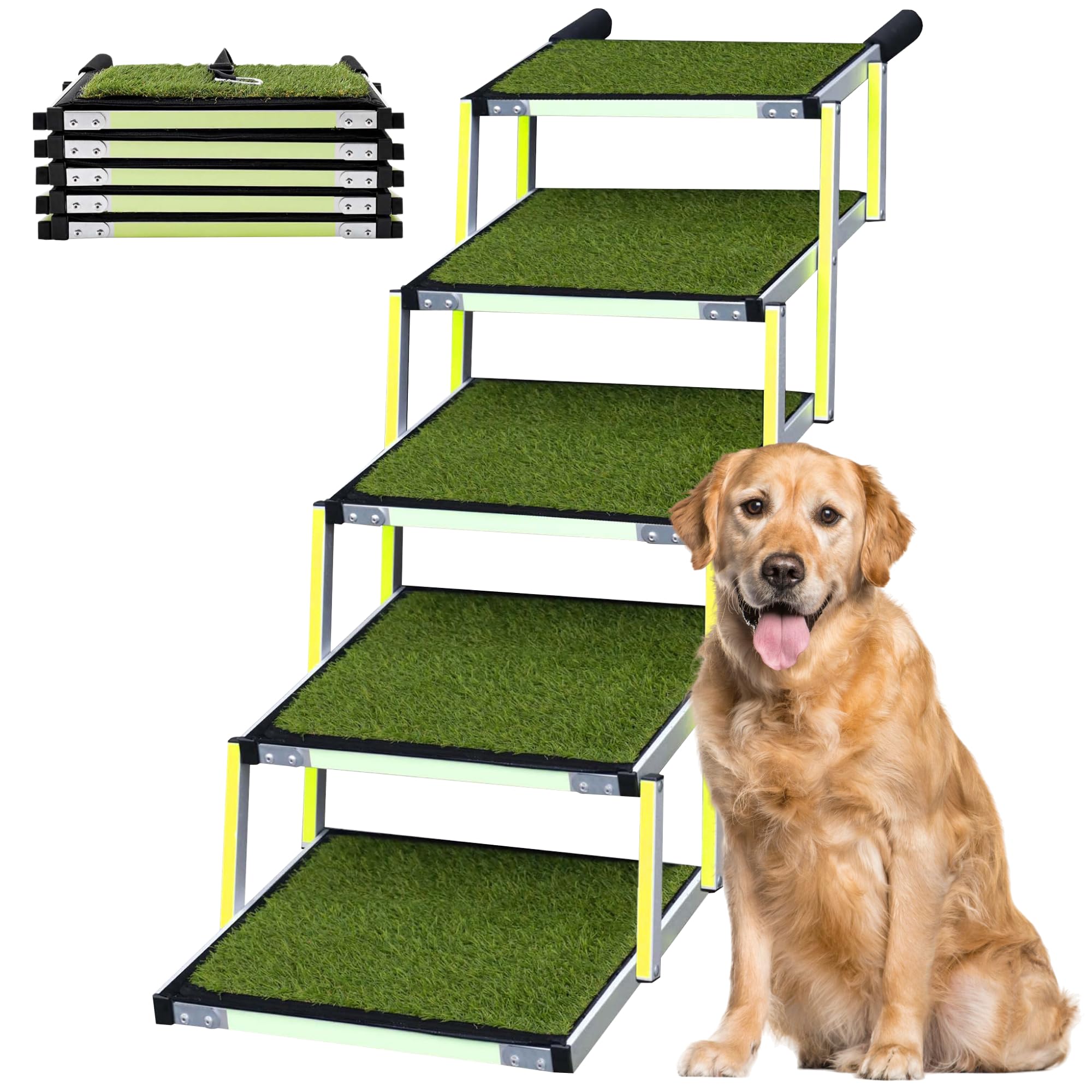 Escalera para Perros pequeños y Grandes - Marca Que Brilla en la Oscuridad - Superficie de césped Artificial Antideslizante - Rampa de Coche Plegable - Apto para Todos los Coches - 5 Escalones Certificado ClimatePartner