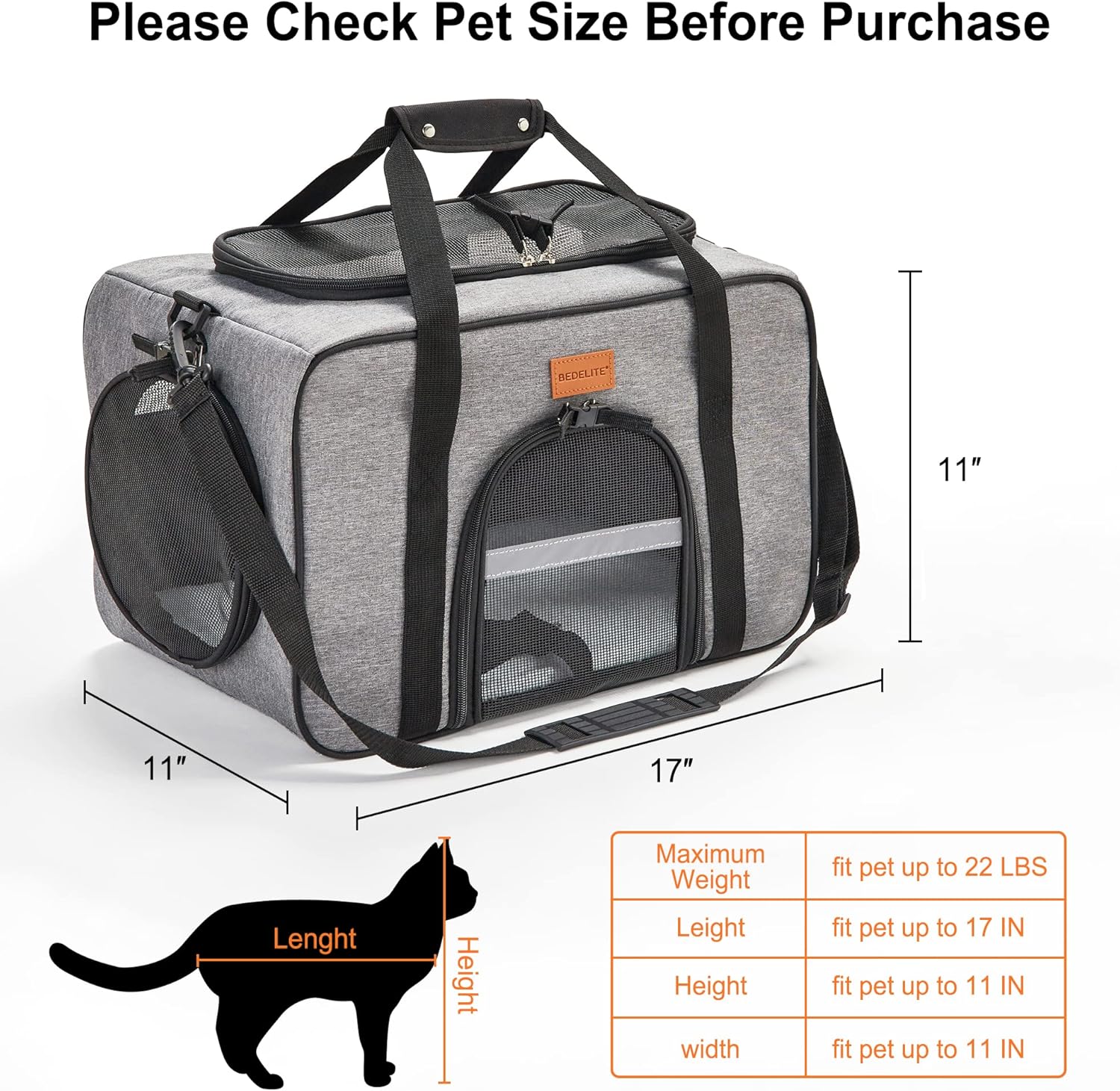 BEDELITE Pet Carrier Airline Approved, Portable Medium Pet Travel Carrier for Cat Dog up to 22 Lbs, Breathable Soft Sided Cat Carrier with Sherpa Pad and Non-Slip Rubber Bottom, Grey : Pet Supplies