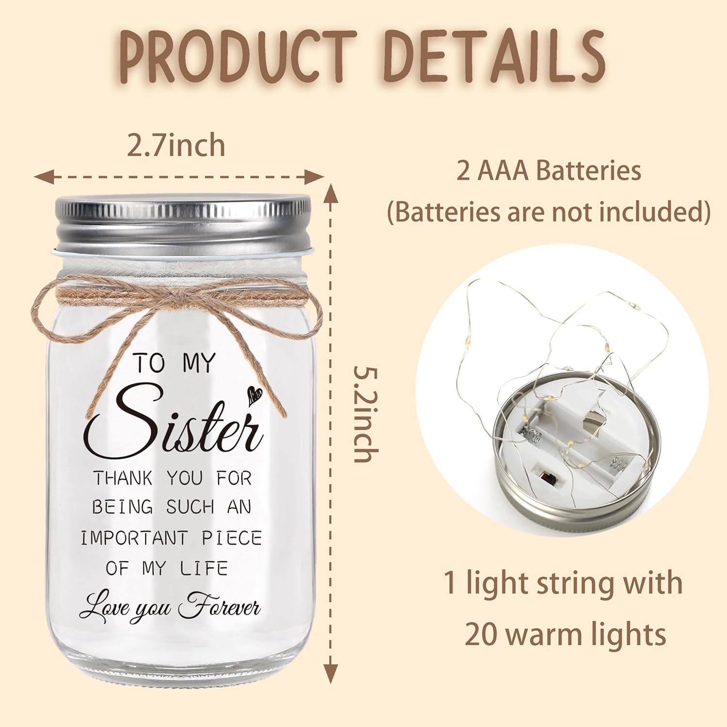 Sister Gifts - Mason Jar Night Lights with Warm Lights for Sisters, Unique Gifts for Sister Gift Ideas for Birthday Christmas Mothers Day Valentines Day, Heartfelt Home Decor Gift - Image 3