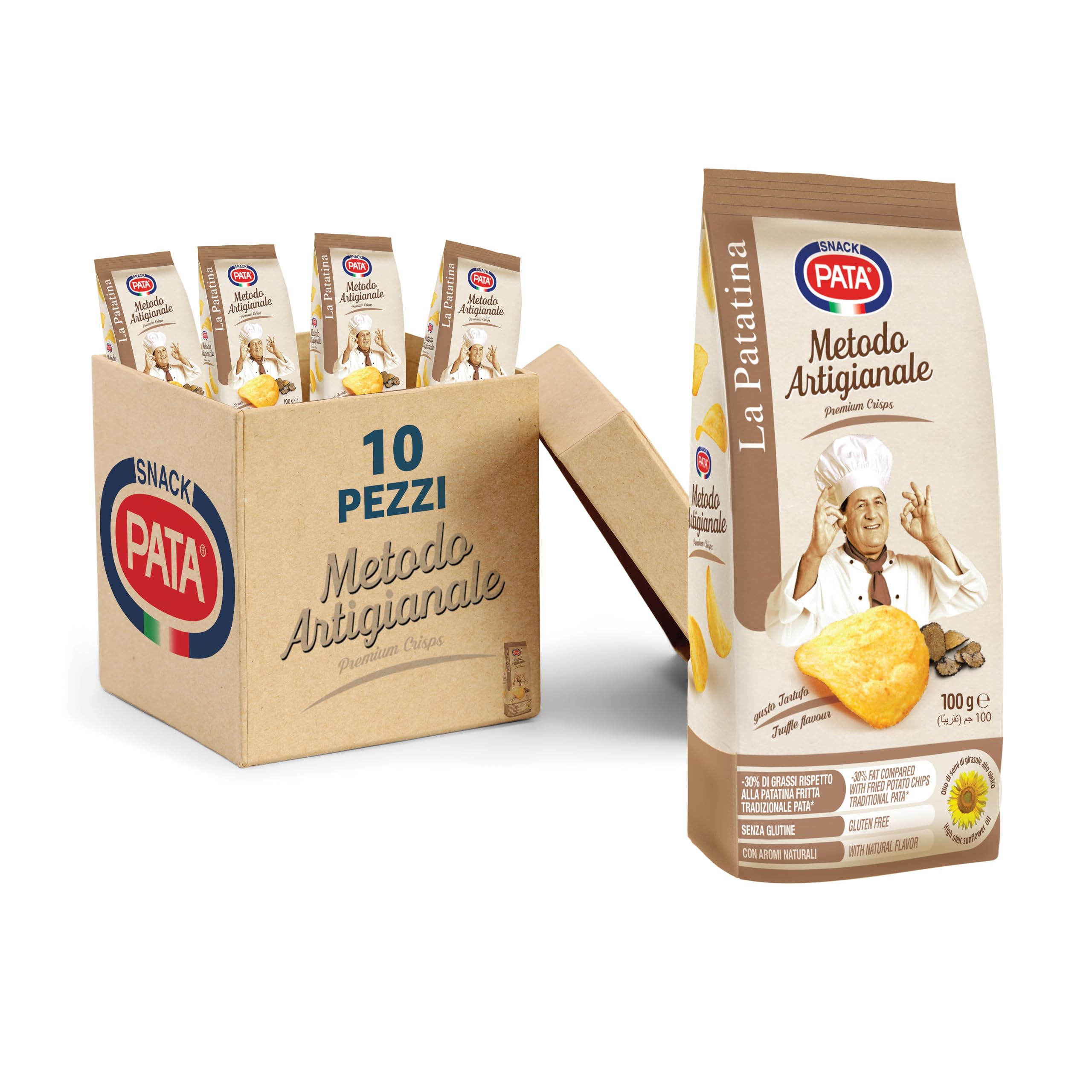 PATA | Patatine Gusto Tartufo Metodo Artigianale, Senza Glutine, Con Olio di Semi di Girasole Alto Oleico, con Aromi Naturali, 10x100g