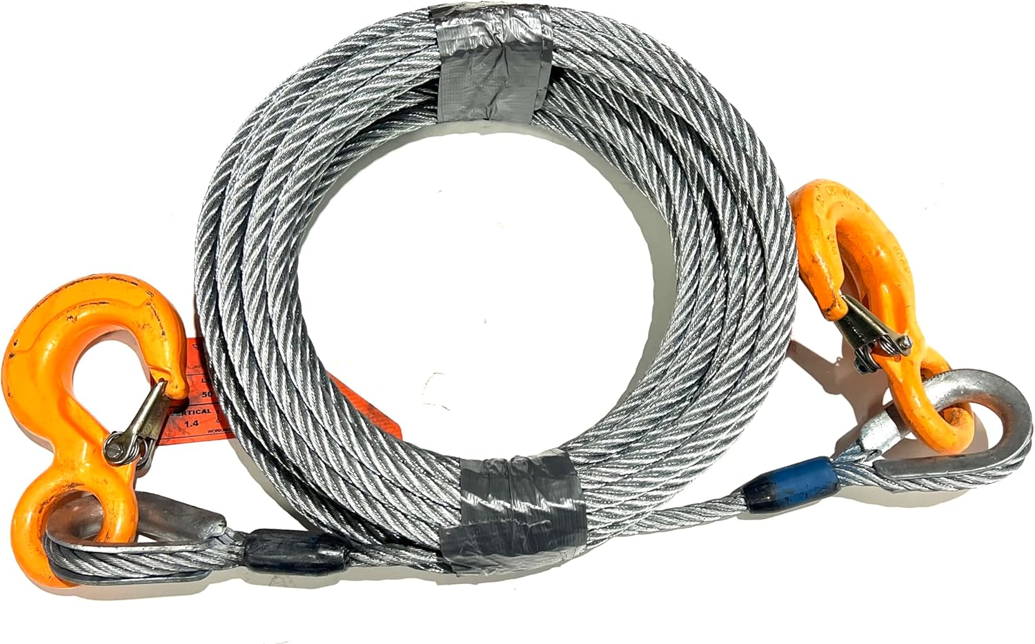 3/8", 7x19, Galvanized Steel Tow Cable, 14400 lb Breaking Strength (50 ft with 2 Ton Eye Hooks)