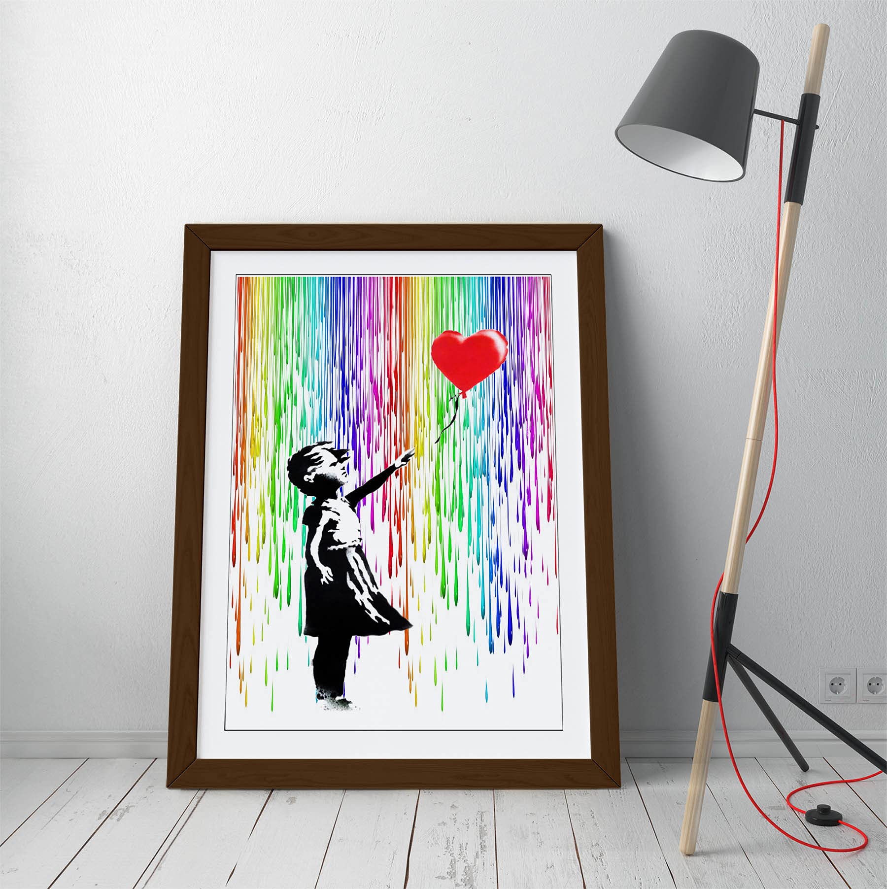 Canvasartshop Girls Walnut - Banksy Balloon Coloured Rain- Premium Wall Art Framed Picture Prints - 3 Colours - 4 Sizes (, A1)