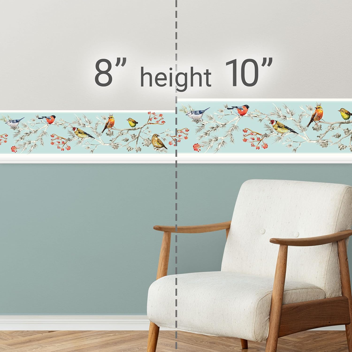 GB30011g8 Birds in Pines Peel and Stick Wallpaper Border with Foresty and Nature Interior Styles 8 in Height x 15ft Long, Blue White Pink Yellow Made in USA by Grace and Gardenia Designs