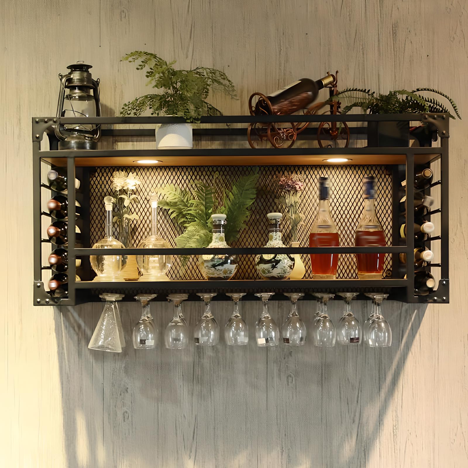 Estante de Vino Montado en la Pared, Botellero de Metal para la Pared con Portavasos, Soporte de Copa de Vino Suspendido para Botellas de Metal, para Bar, Comedor, Cocina, Cafetería (negra, 120cm)