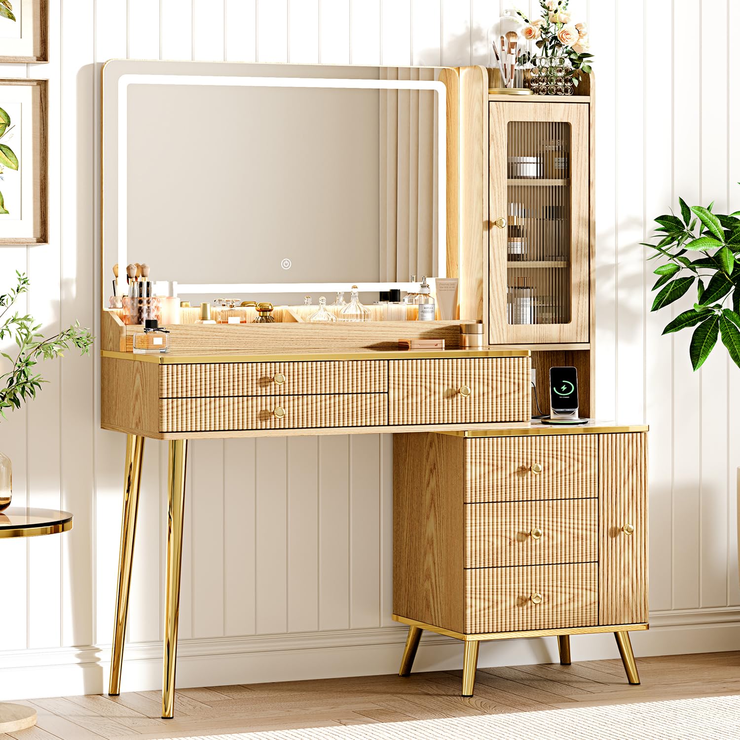 Photo 1 of Arulvmrn Vanity Desk with 35.12" HD Lighted Mirror, 46.85" Big Modern Vanity Desk with Mirror and Lights, Makeup Vanity with 7 Drawers and Storage Shelves and Charging Station, Wood