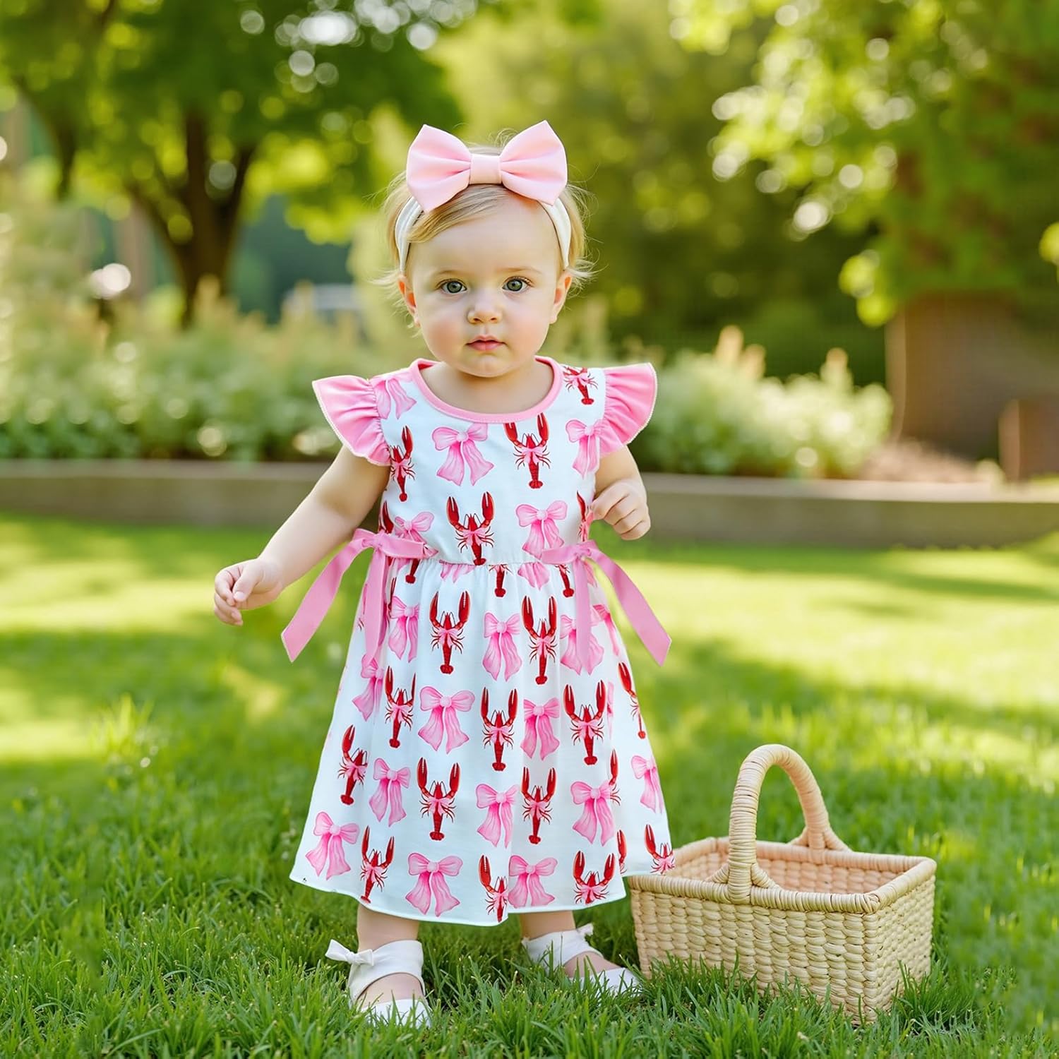 Toddler Baby Girl Lobster Dress Outfit Pink Bow Crawfish Print Fly Sleeveless A-Line Dresses Princess Summer Clothes - Image 2