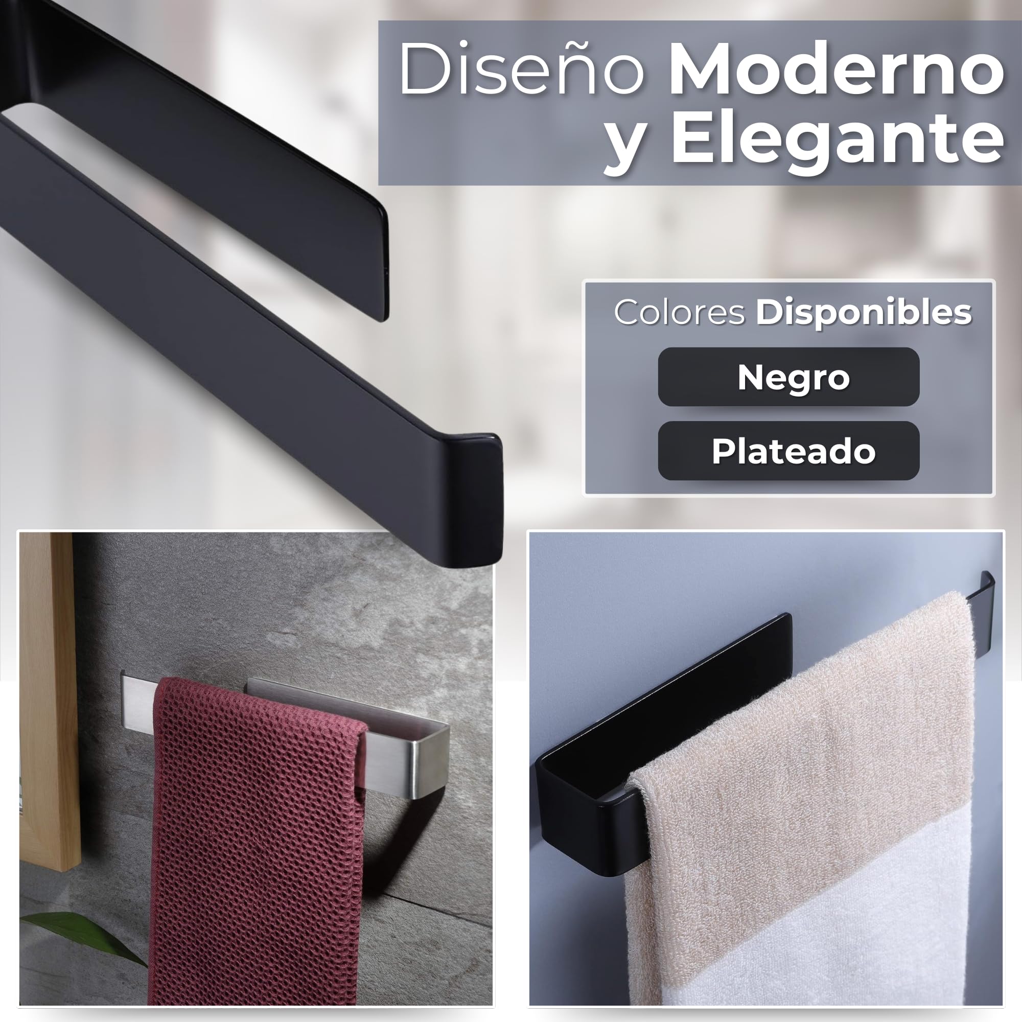 Toalleros De Baño Sin Taladro Adhesivo 26 cm, Acero Inoxidable 304 Cepillado, Accesorios Sin Taladro para Baño y Cocina, Fuerte Fijación