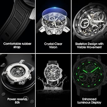 FEICE FM511 Men's Automatic Skeleton Watch, Waterproof, Sapphire Crystal, 5 ATM Water Resistant, Shock Resistant, Luminous Display, Business Wristwatch, Silicone Strap, Black