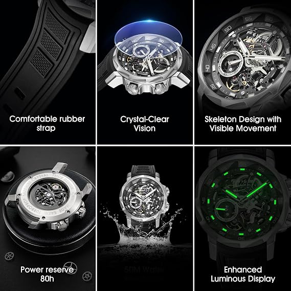 FEICE FM511 Men's Automatic Skeleton Watch, Waterproof, Sapphire Crystal, 5 ATM Water Resistant, Shock Resistant, Luminous Display, Business Wristwatch, Silicone Strap, Black