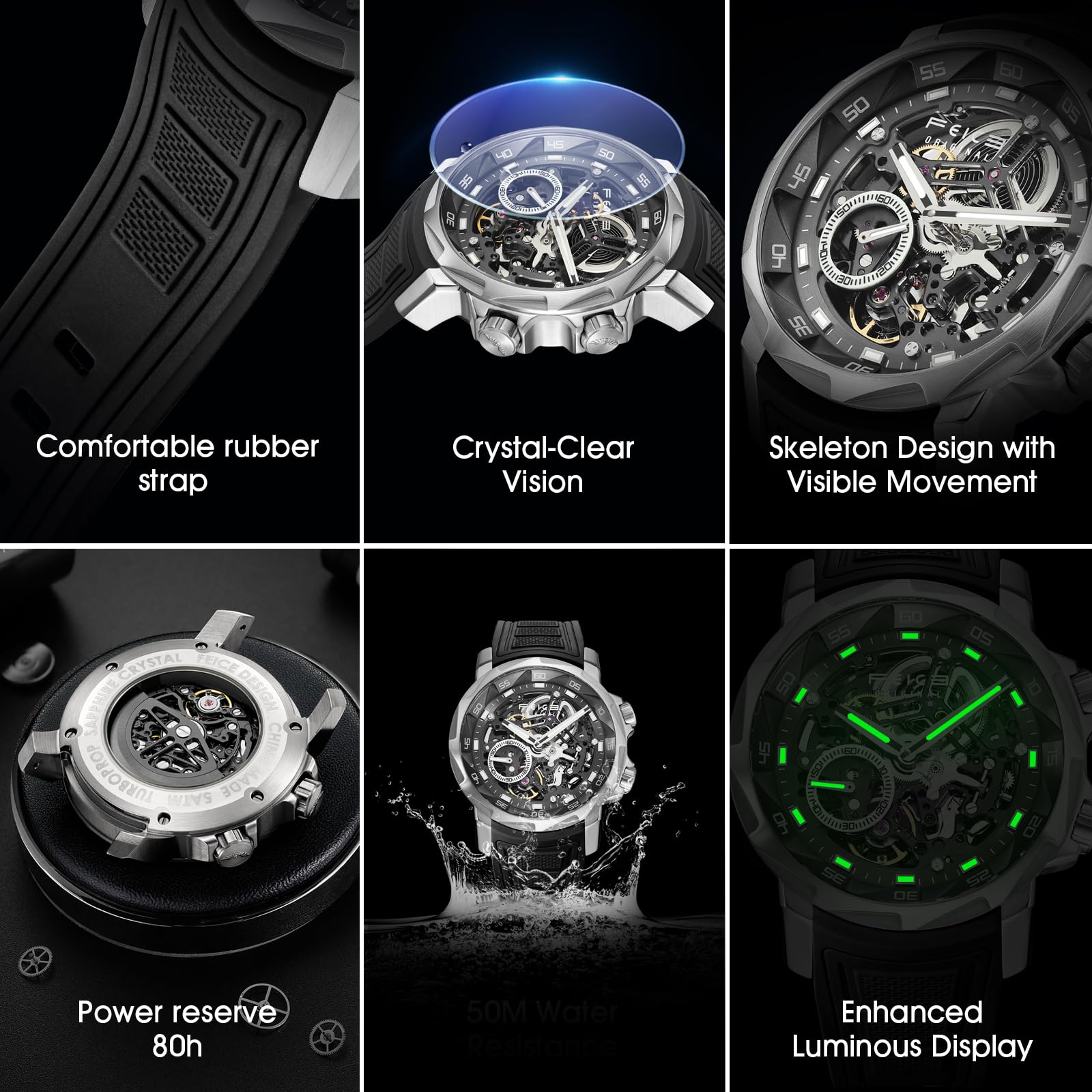 FEICE FM511 Herren Automatikuhr Skelett Saphirglas Schwarzem Gummiarmband | Edelstahlgehäuse 46 mm, Skelettiertes Zifferblatt, Leuchtzeiger, Wasserdicht bis 5 ATM