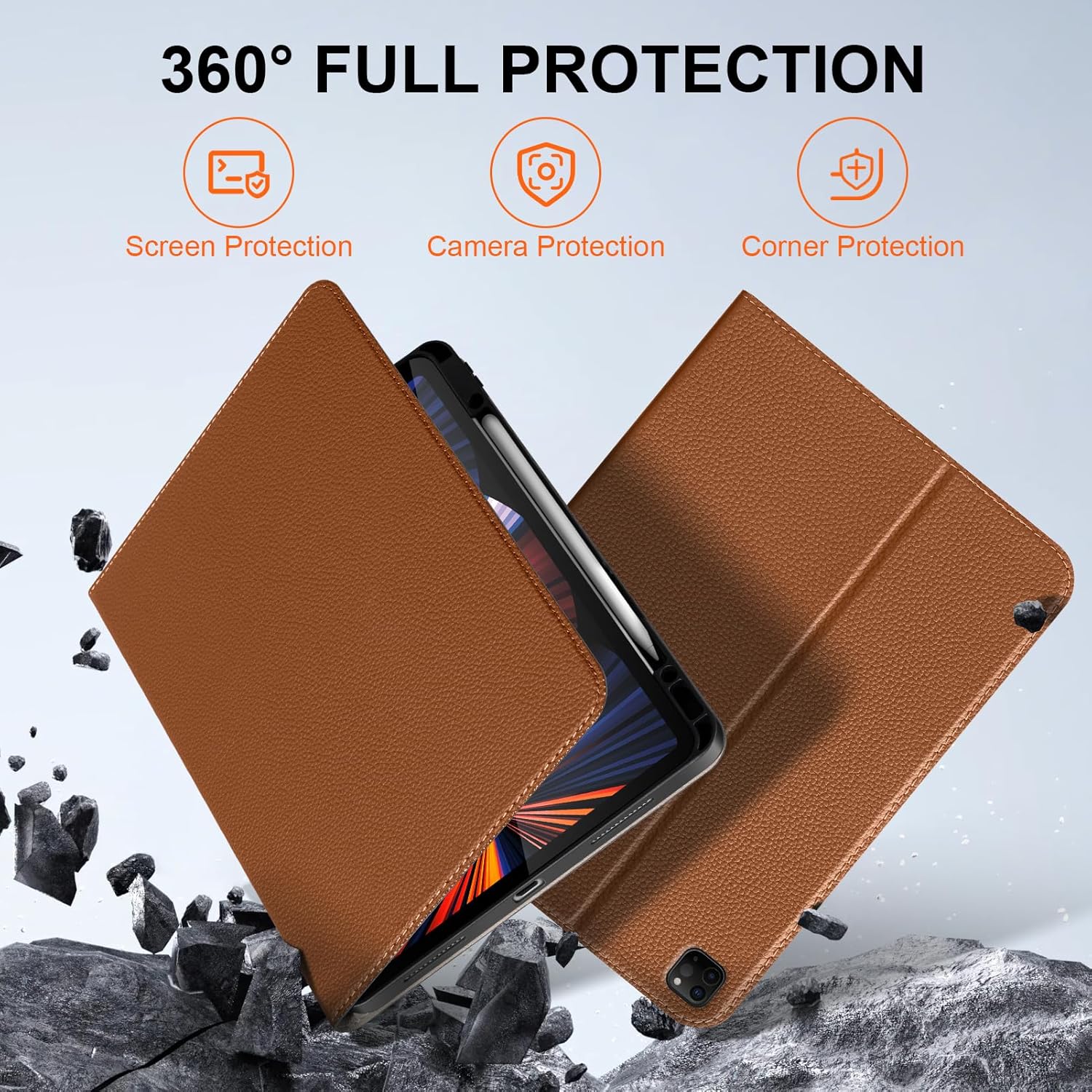 for iPad Pro 12.9 6th /5th /4th /3rd Generation Case 2022/2021/2020/2018, Premium Leather Folio Stand Cover with Built-in Apple Pencil Holder -Auto Wake/Sleep and Multi Viewing Angles,Brown