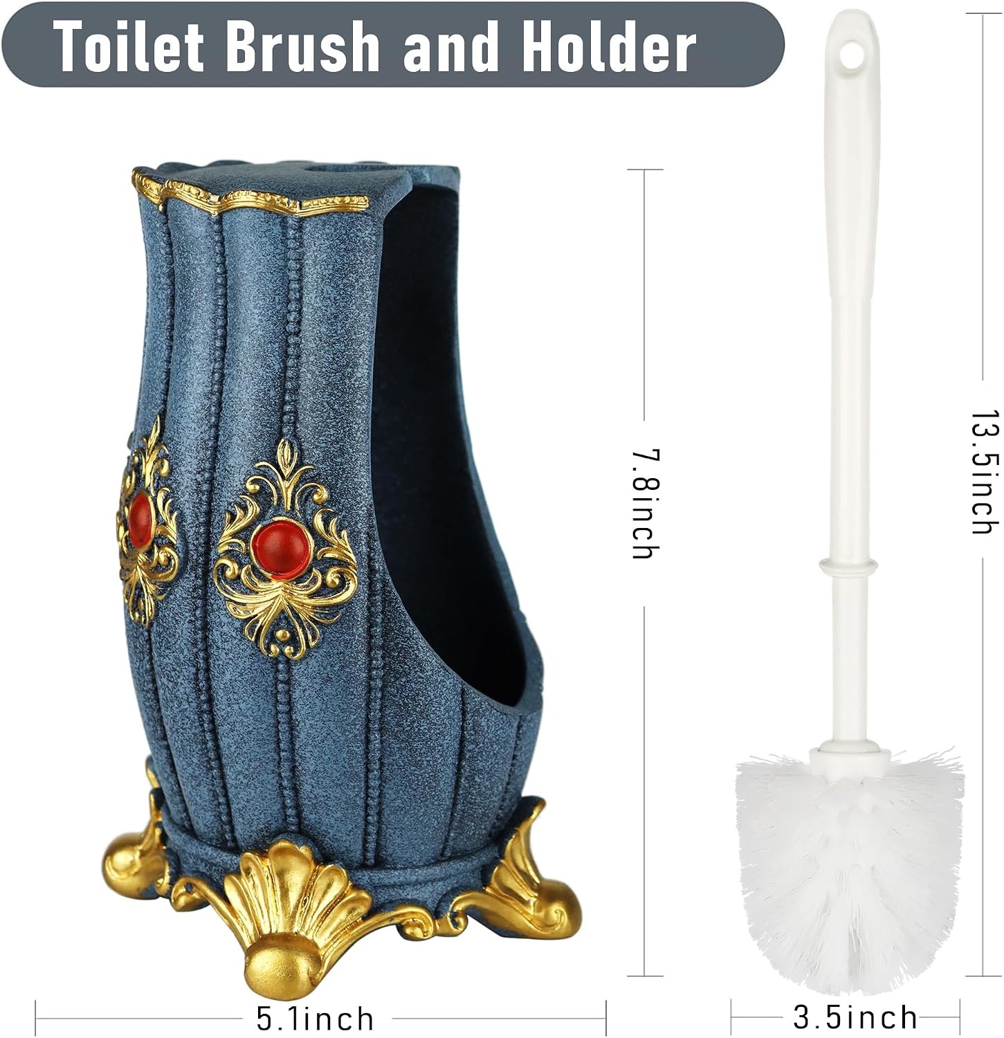 Vintage Toilet Brush Holder Set for Bathroom, Baroque Stylish Toilet Cleaning Brush and Holder with Wide-Mouth Storage Heavy Solid Base (Blue & Gold)