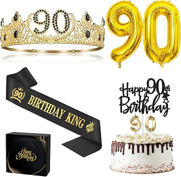 90th Birthday Decorations for Men - King Crown, Sash, Balloon Birthday Gift