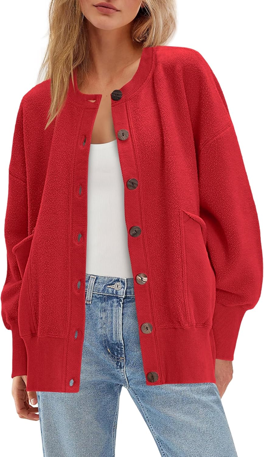 ReachMe Womens Fall Oversized Sweatshirt Cardigan Button up Lightweight Cardigan Long Sleeve Open Front Jacket with Pockets - Image 6