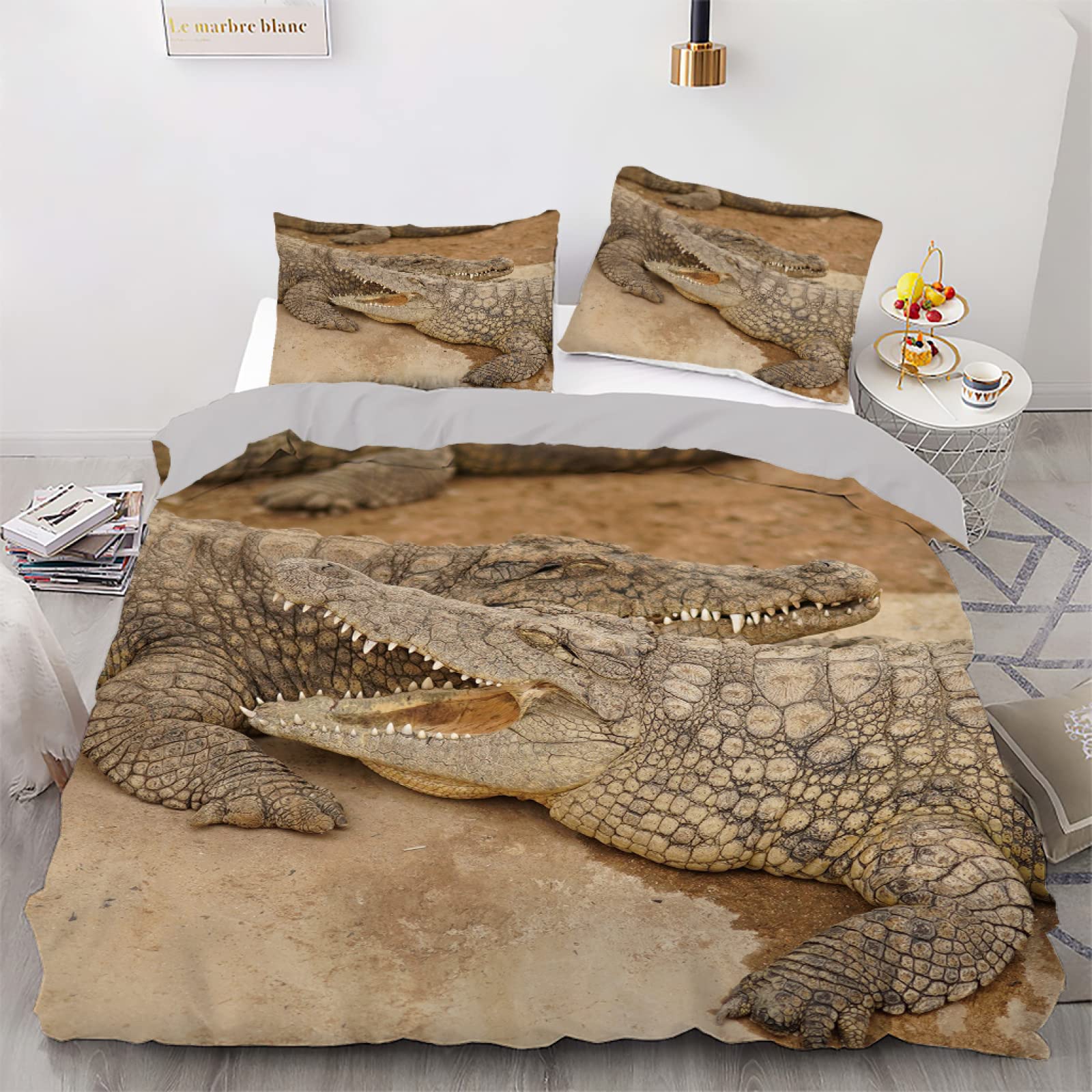 Parure de lit 90x190 gris avec motif alligator doux en microfibre et taie 65x65