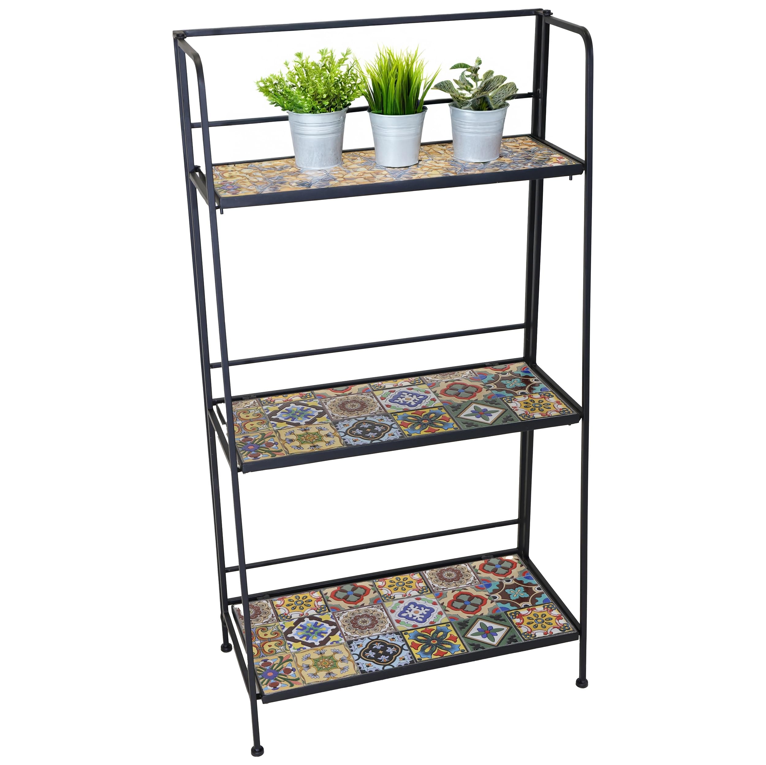 Blumentreppe aus Metall mit Mosaik-Fliesen - 61 x 31 x 115 cm (L/T/H) | Metallregal Blumenregal, klappbar Pflanzentreppe