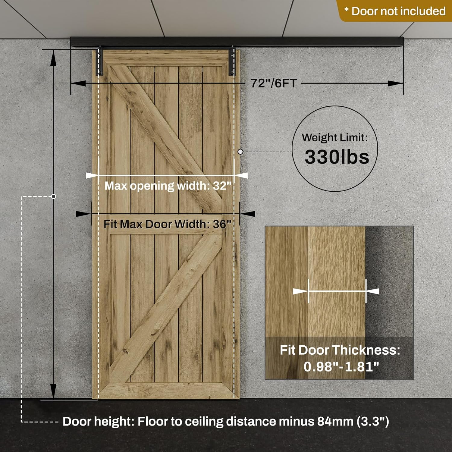 72"/6FT Ceiling Mount Box Rail Barn Door Hardware Heavy Duty Sliding Barn Door Track, Aluminium Alloy Kit for Single Door (No Door)