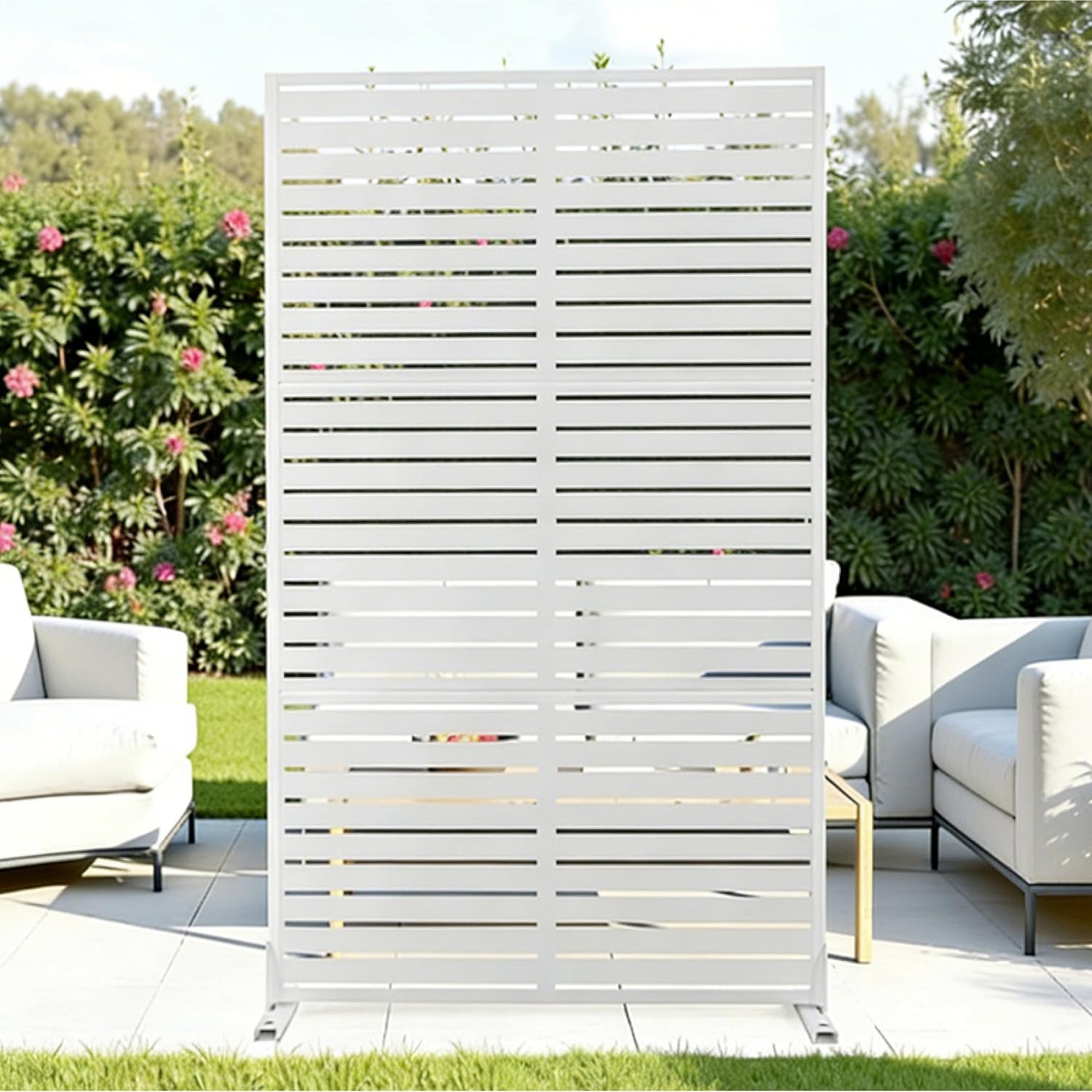 Metal Outdoor Privacy Screen Panel, Patio Balcony Backyard Deck Stand-Alone Slatted Divider Fence, Decorative Partition Garden Lounge Seating, Weather-Resistant Wind-Ready Modern Accent (White)