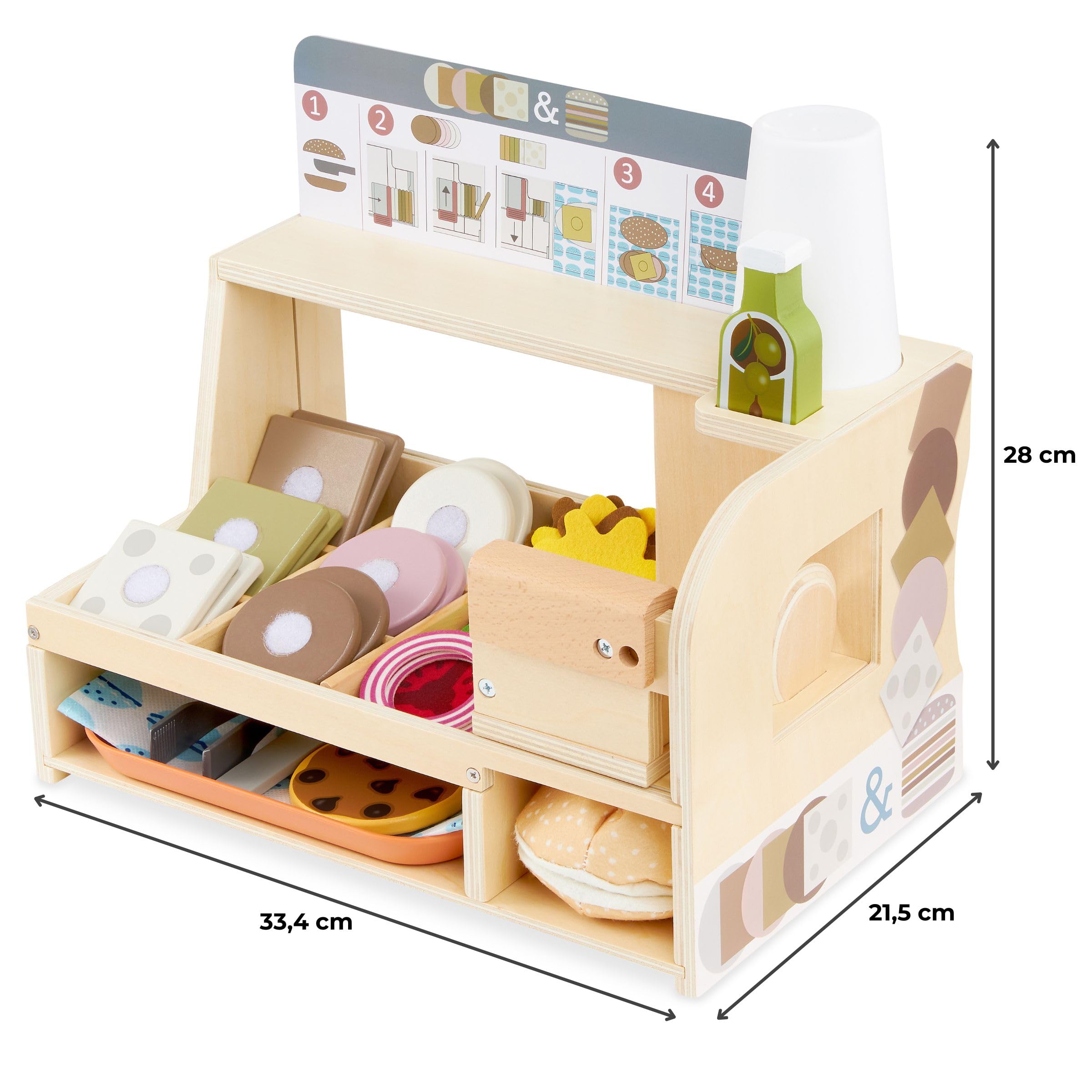mamabrum Paninoteca Giocattolo in Legno per Bambini, Banco Fast Food con Cibo e Accessori, Gioco di Ruolo Ristorante, Panini e Cucina Giocattolo, 3 Anni
