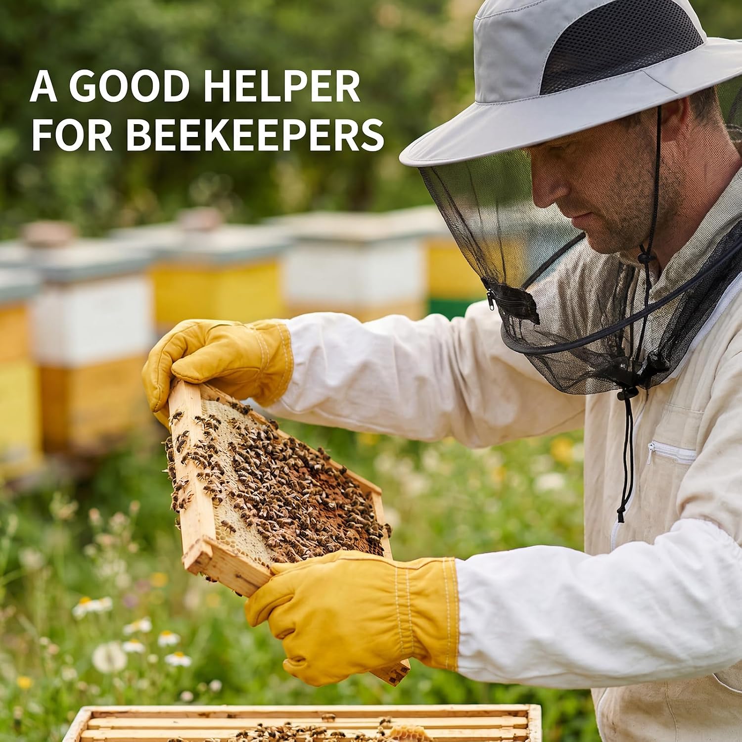 Sucrain Beekeeping Gloves Hats Set Thick Leather Bee Gloves with Ventilated Sleeves & Bee Keeper Fencing Veil Mosquito Hats Bee Outfit for Backyard and Beekeeping
