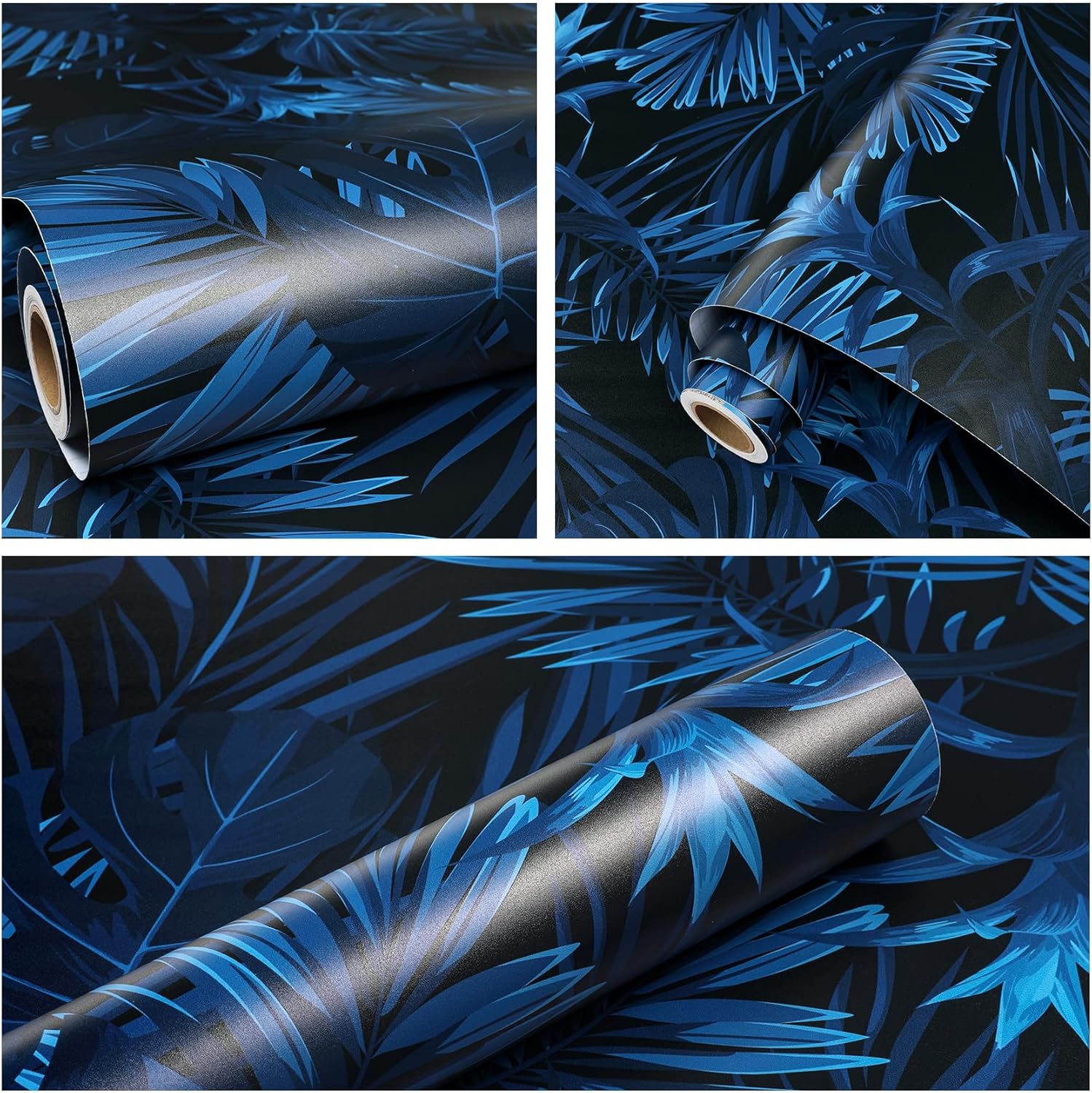 ReWallpaper Dark Blue Wallpaper Peel and Stick Black Palm Leaf Self Adhesive Wallpaper Tropical Jungle Leaves Wall Paper for Bedroom Bathroom 17.5in×10ft Waterproof Vinyl Removable Contact Paper Roll
