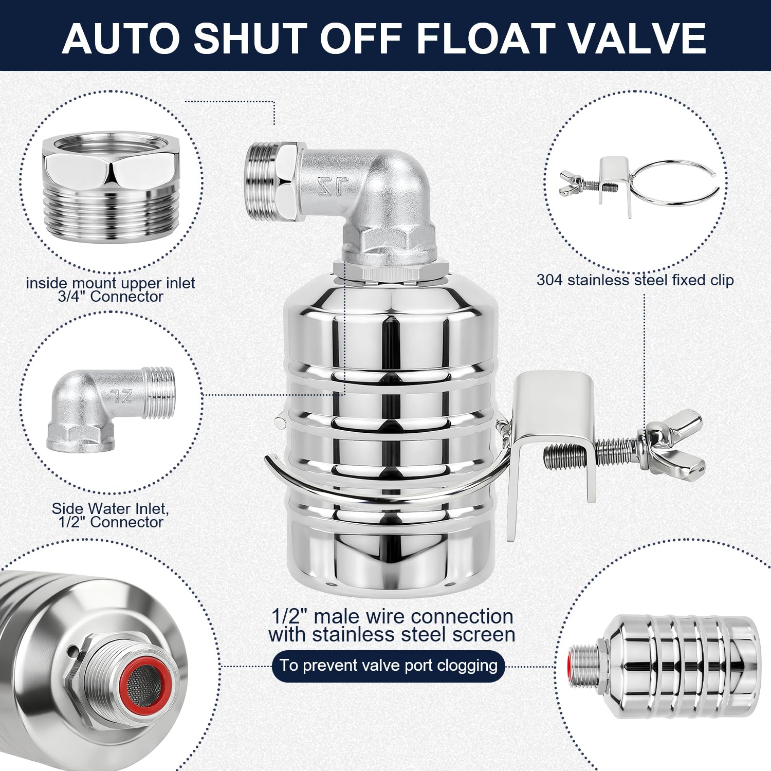 Confezione da 4 valvole galleggianti in acciaio inox, valvola di controllo automatica del livello dell'acqua da 1/2" a 3/4", ingresso superiore/laterale, spegnimento automatico del serbatoio