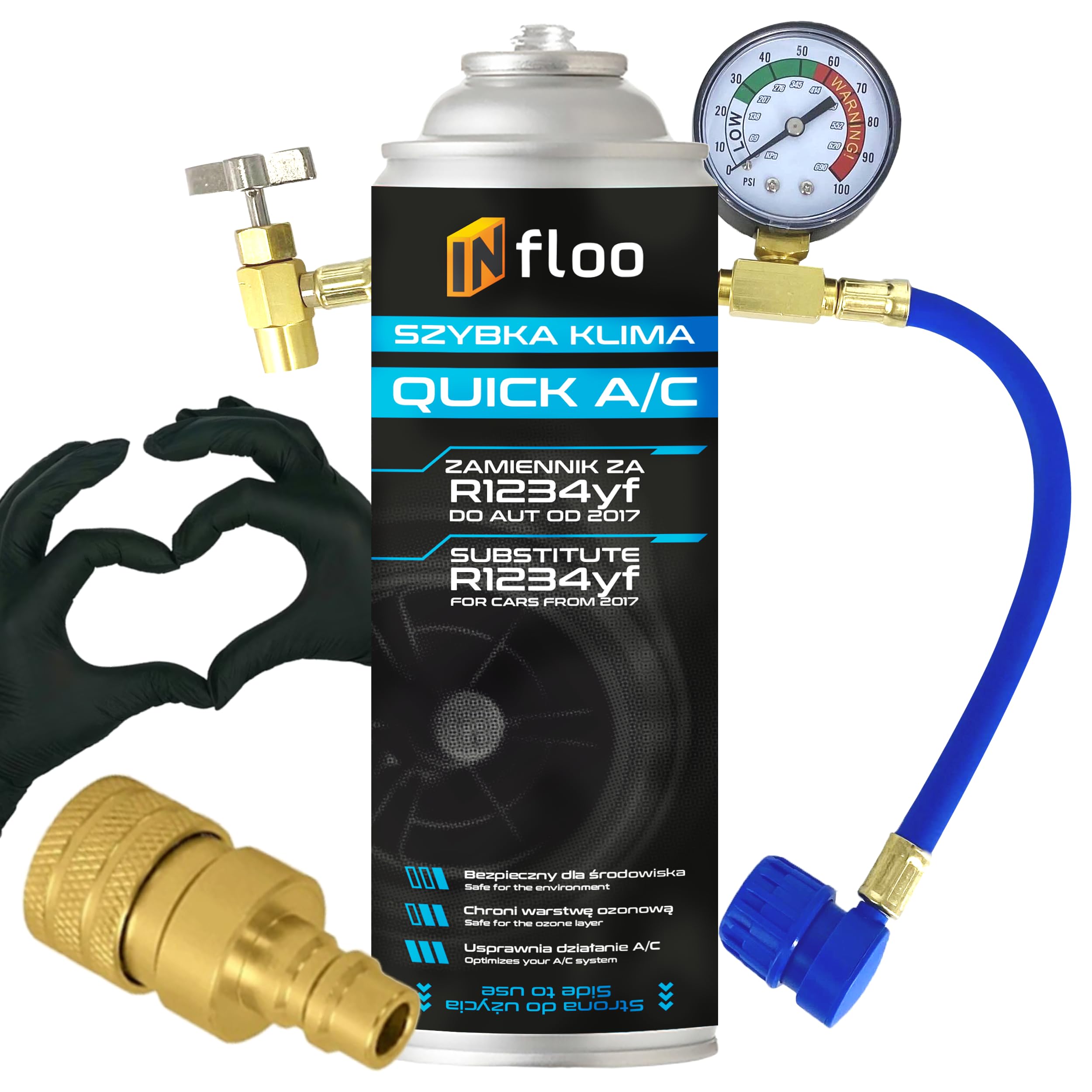 2x Quick A/C Gas R1234yf 185 g – Refrigerante para Aire Acondicionado de Coche desde 2017 + Guantes